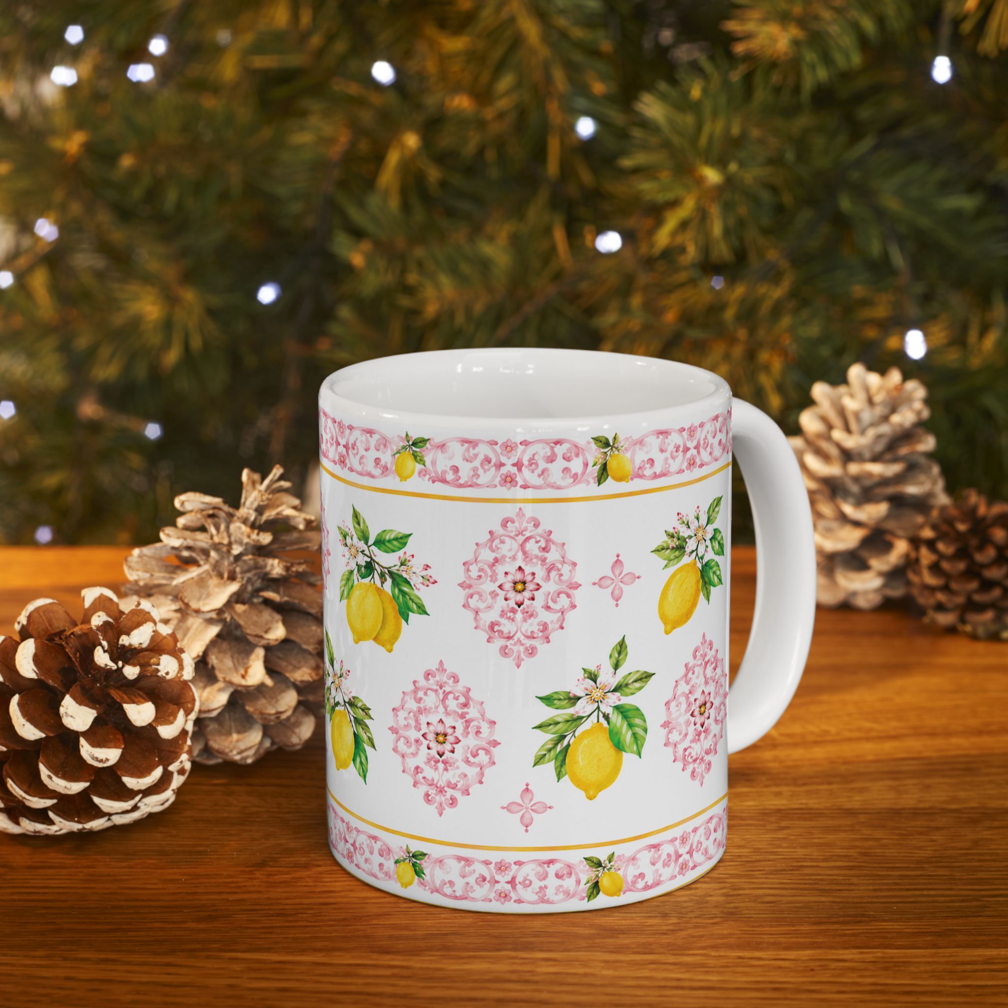 Little Italy Amalfi Pink with Lemon 3 Mug — Italian Mediterranean Pattern Coffee Cup (11oz)