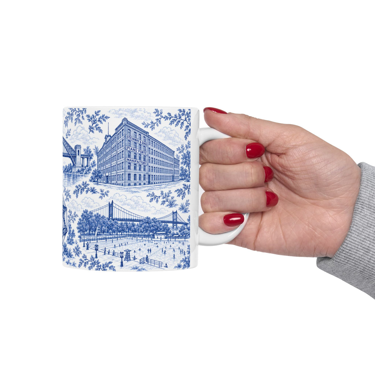 Astoria Blue Toile Cityscape Ceramic Mug — 11oz Decorative Coffee Cup