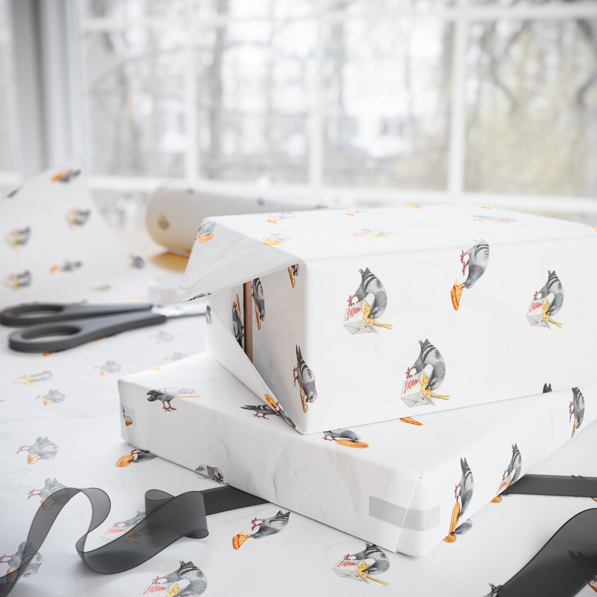 Foodie NYC Pigeons Pattern Gift Wrap Paper | New York Food Influencer Bird Lover Wrapping Paper Roll