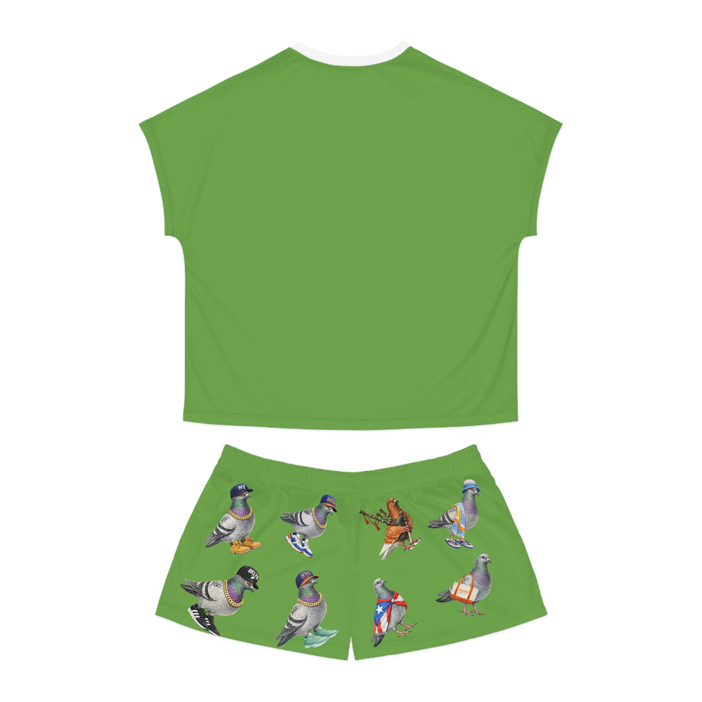 Green NYC Pigeon Pattern Short Pajama Set | New York City Bird Lovers PJs Cozy Sleepwear