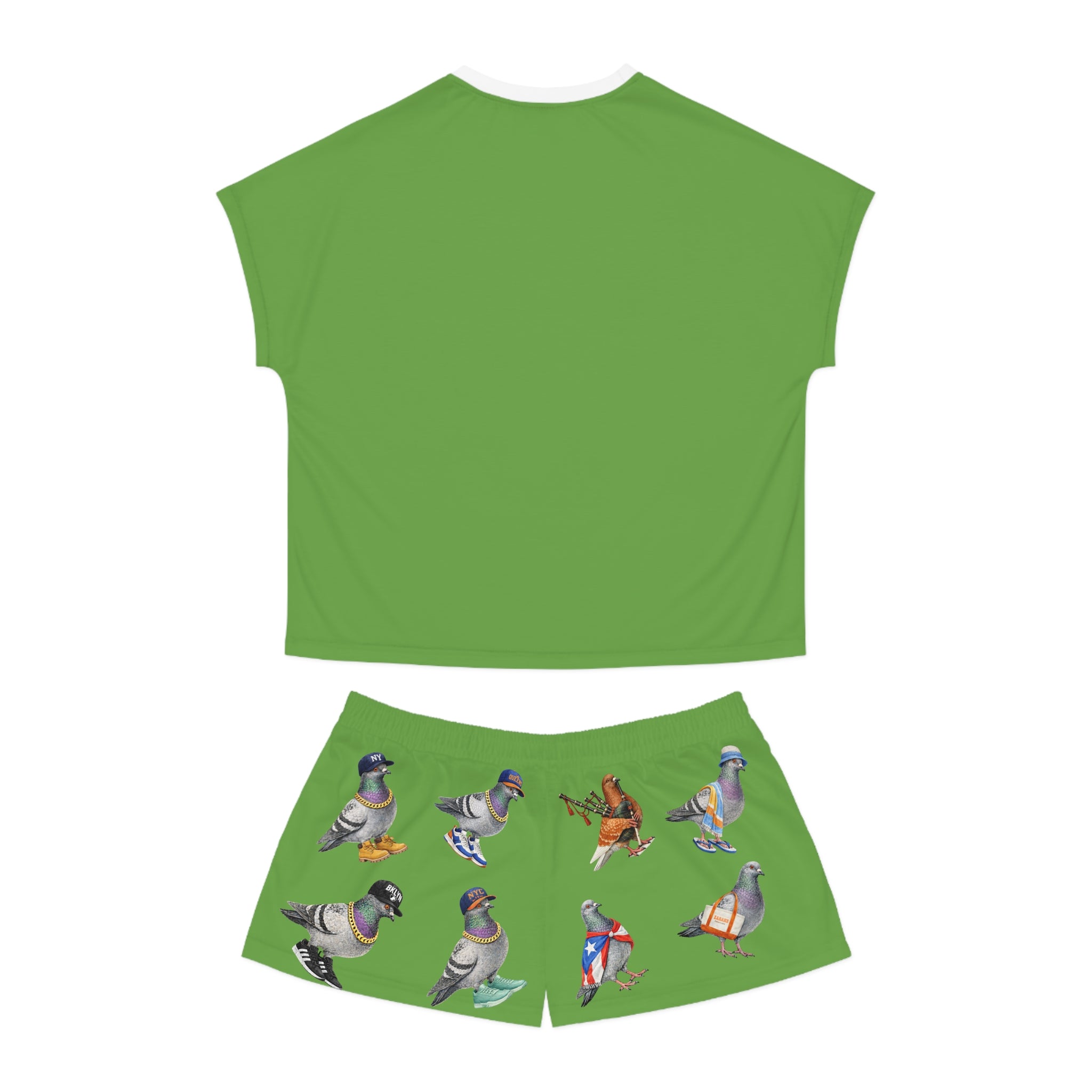 Green NYC Pigeon Pattern Short Pajama Set | New York City Bird Lovers PJs Cozy Sleepwear