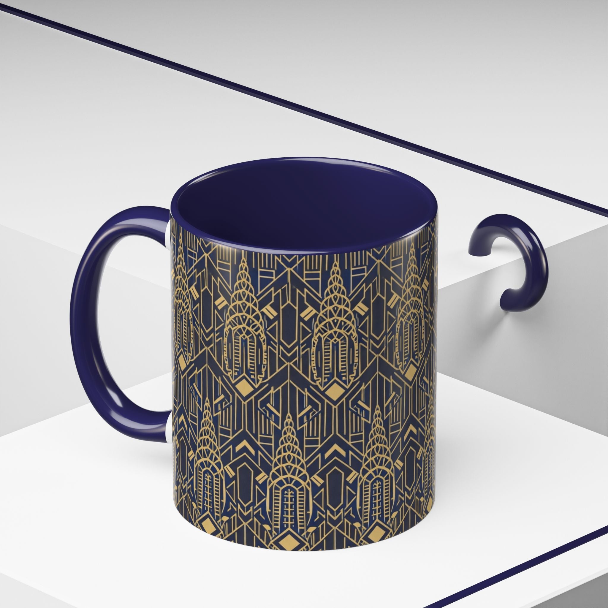 Art Deco Chrysler Building Navy & Gold Accent Coffee Mug — Manhattan Art Deco Pattern 11 oz