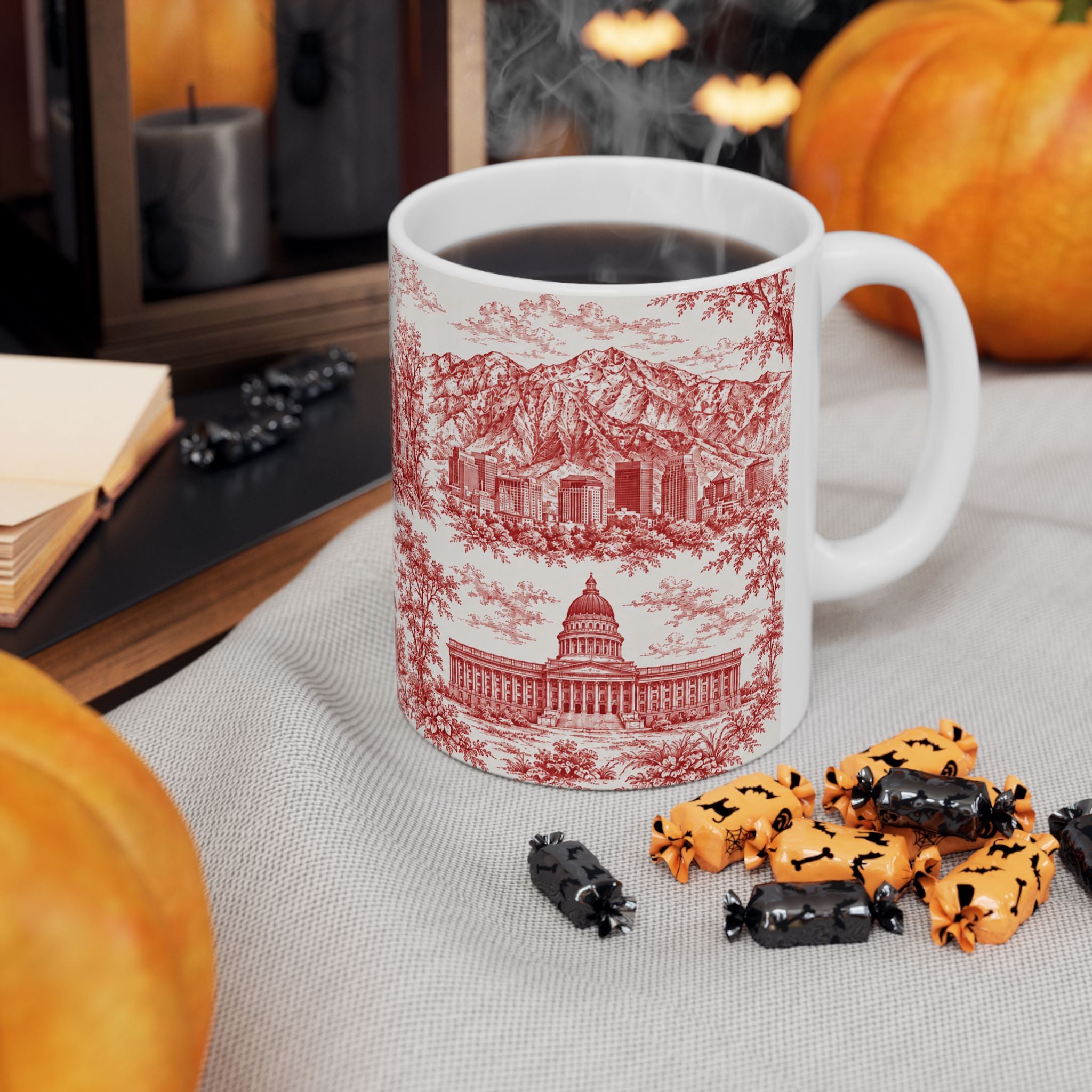 Salt Lake City Red Toile de Jouy Mug —  Ceramic Coffee Cup (11oz)