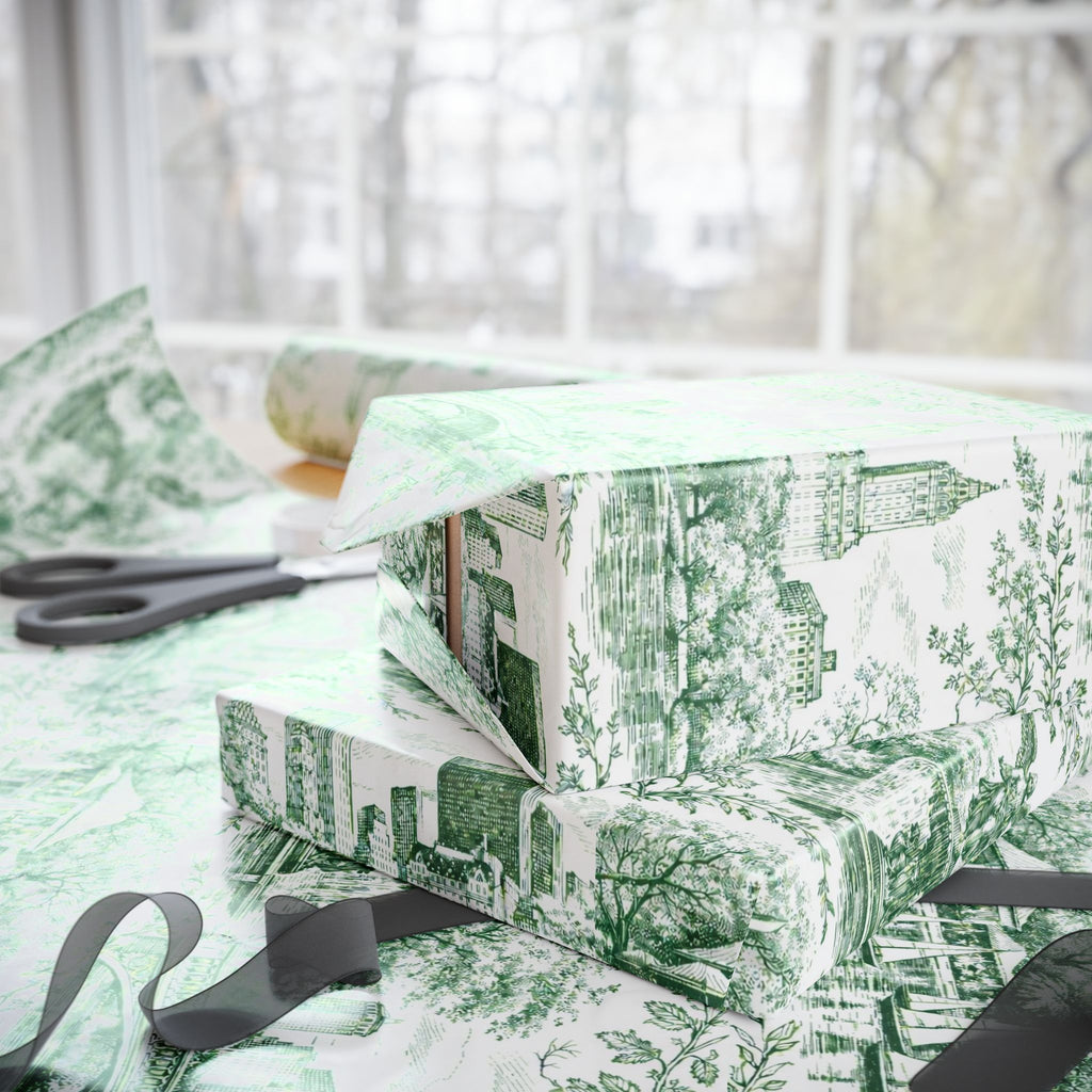 Central Park Green Toile NYC Wrapping Paper | New York City Scenic Toile Pattern Roll