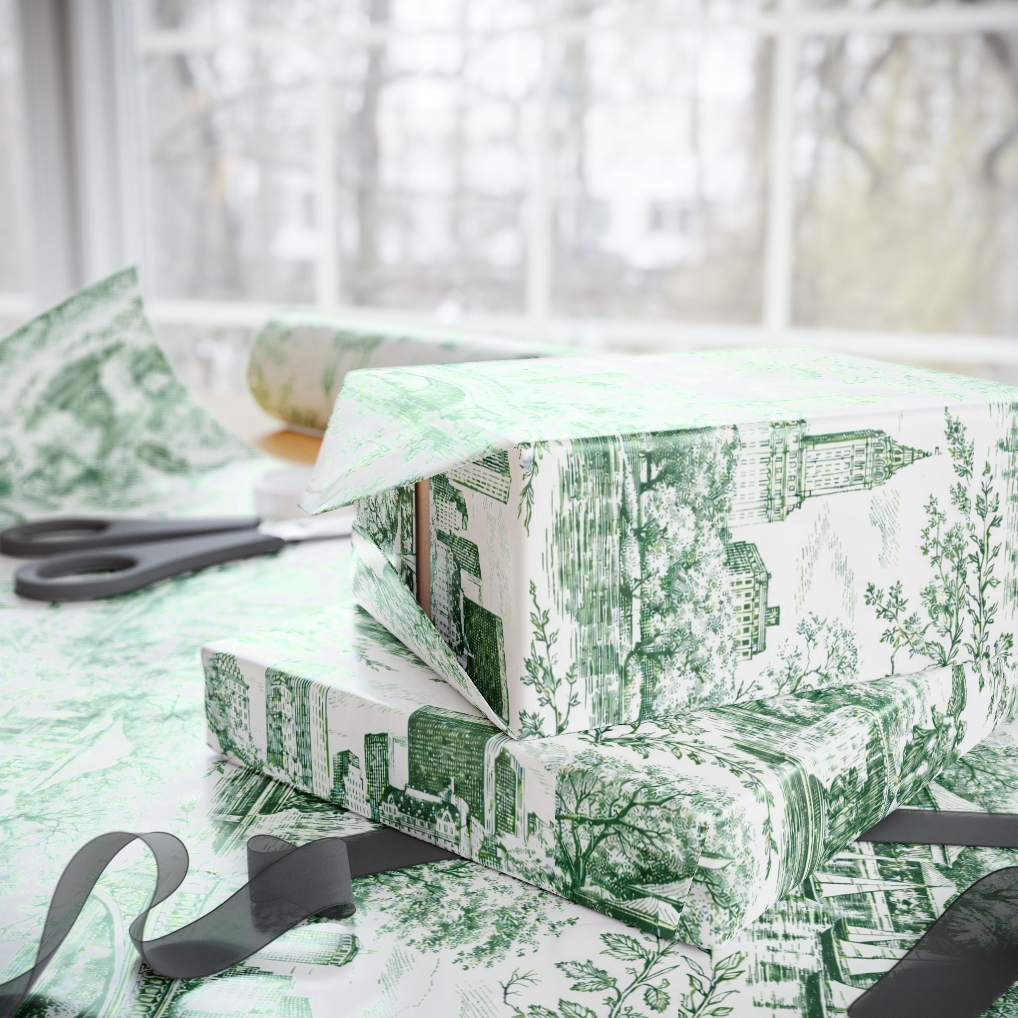Central Park Green Toile NYC Wrapping Paper | New York City Scenic Toile Pattern Roll