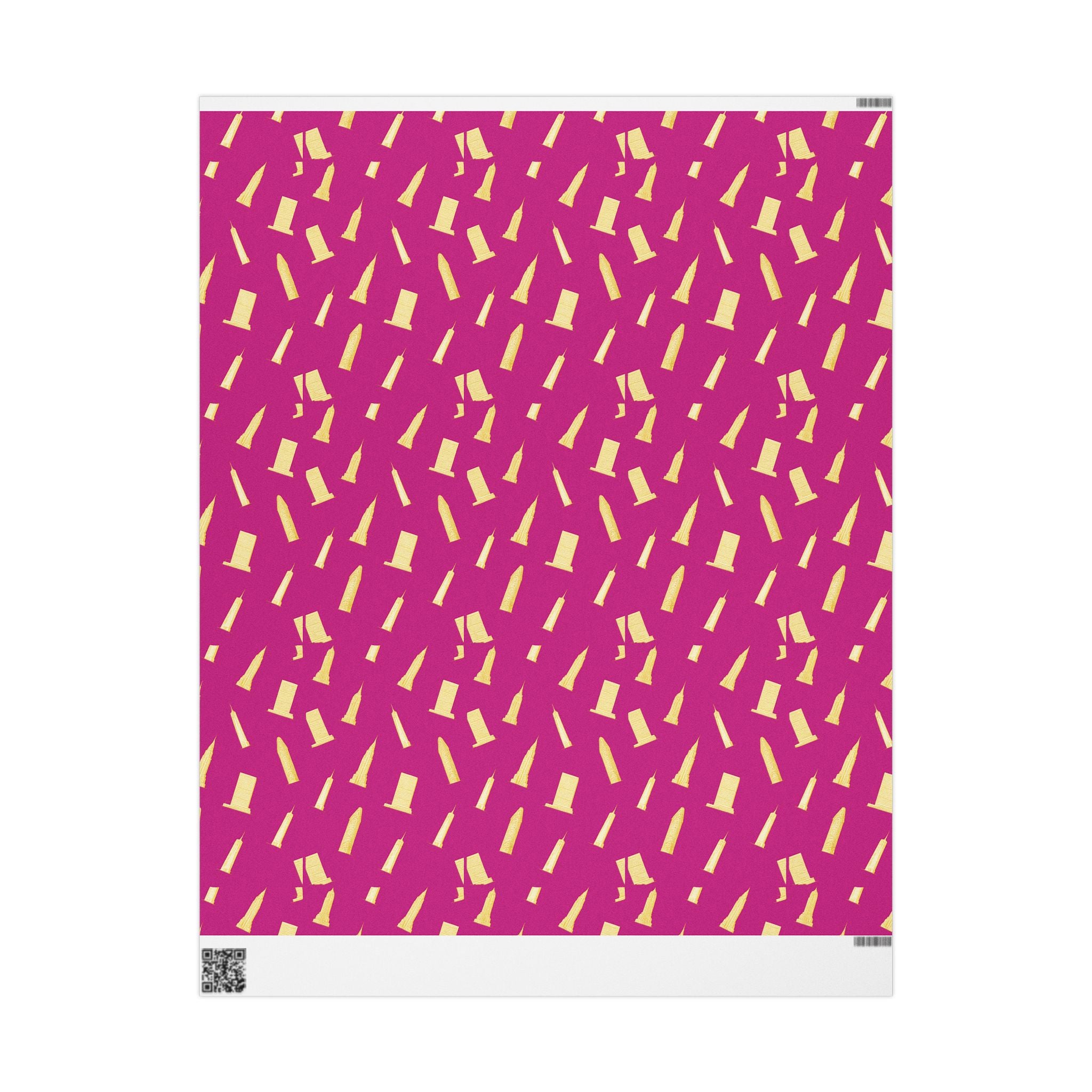 NYC Architecture Gold on Pink Pattern Gift Wrap Paper | Iconic New York Buildings Empire State Chrysler Flatiron Wrapping Paper