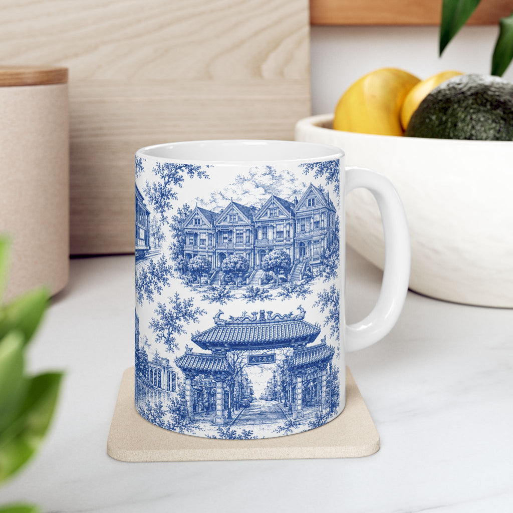 San Francisco Blue Toile de Jouy Ceramic Mug — Vintage Cable Car & Palace of Fine Arts Design (11oz)