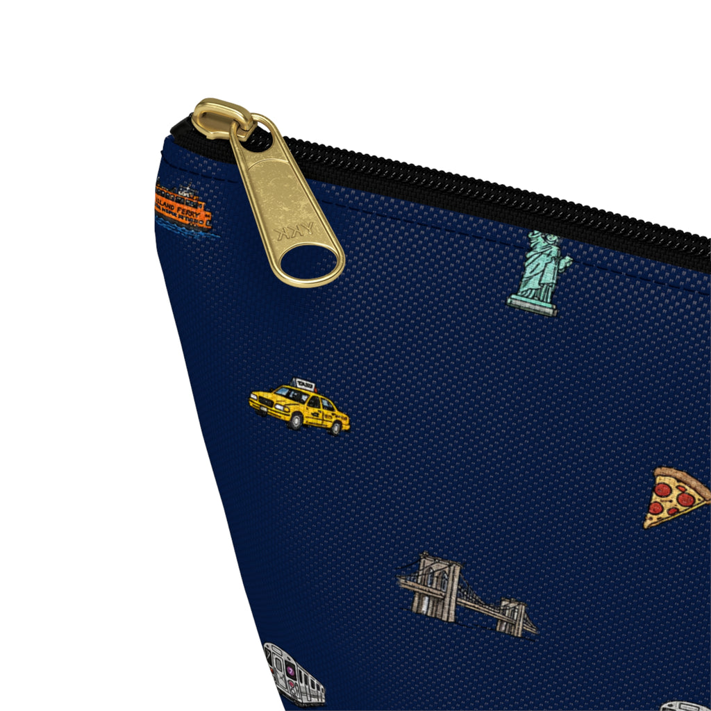 Icons of New York City Navy Blue Accessory Pouch — T-Bottom Makeup Bag with Statue of Liberty, Taxi & Pizza Pattern