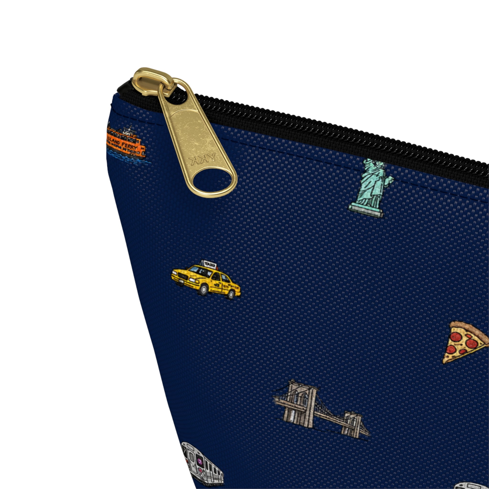 Icons of New York City Navy Blue Accessory Pouch — T-Bottom Makeup Bag with Statue of Liberty, Taxi & Pizza Pattern