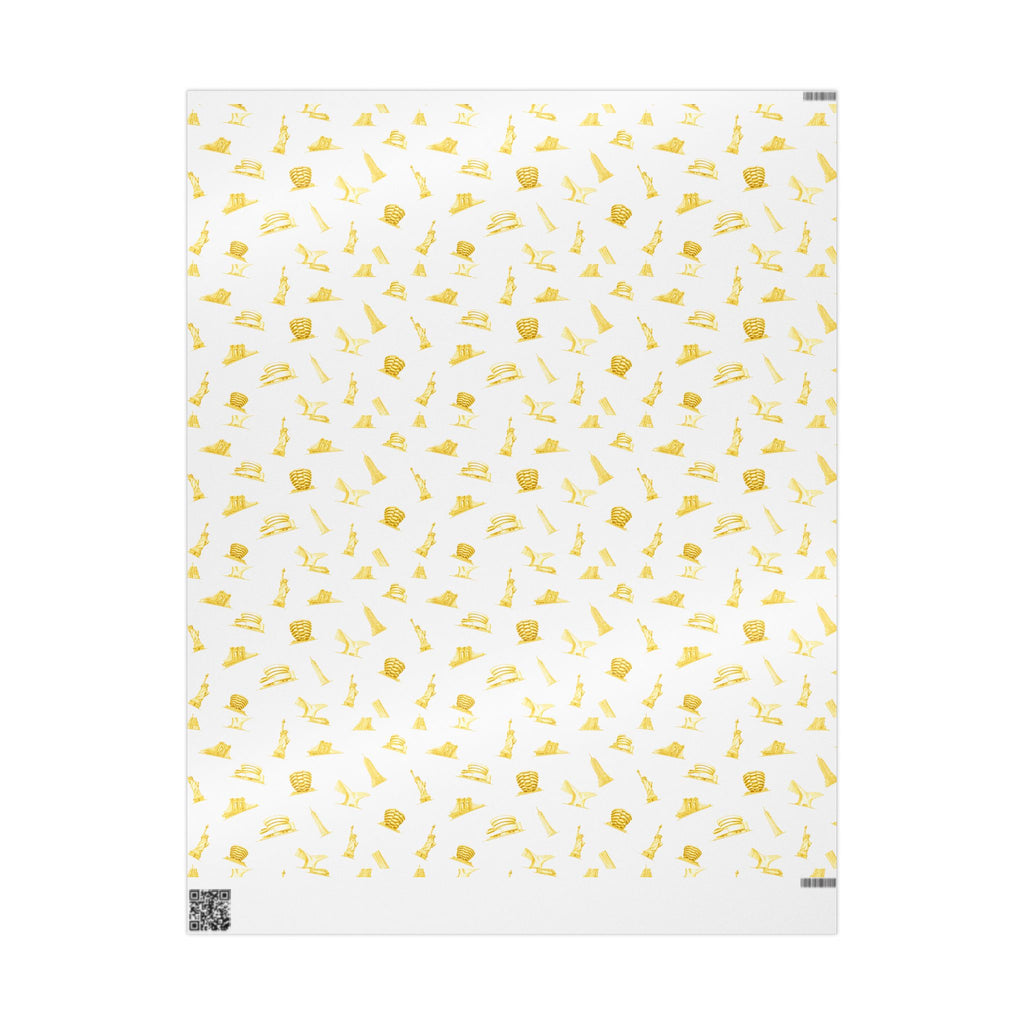 Gold NYC Landmarks on White Gift Wrap Paper | New York Statue of Liberty Oculus Vessel Brooklyn Bridge Guggenheim Wrapping Paper Roll