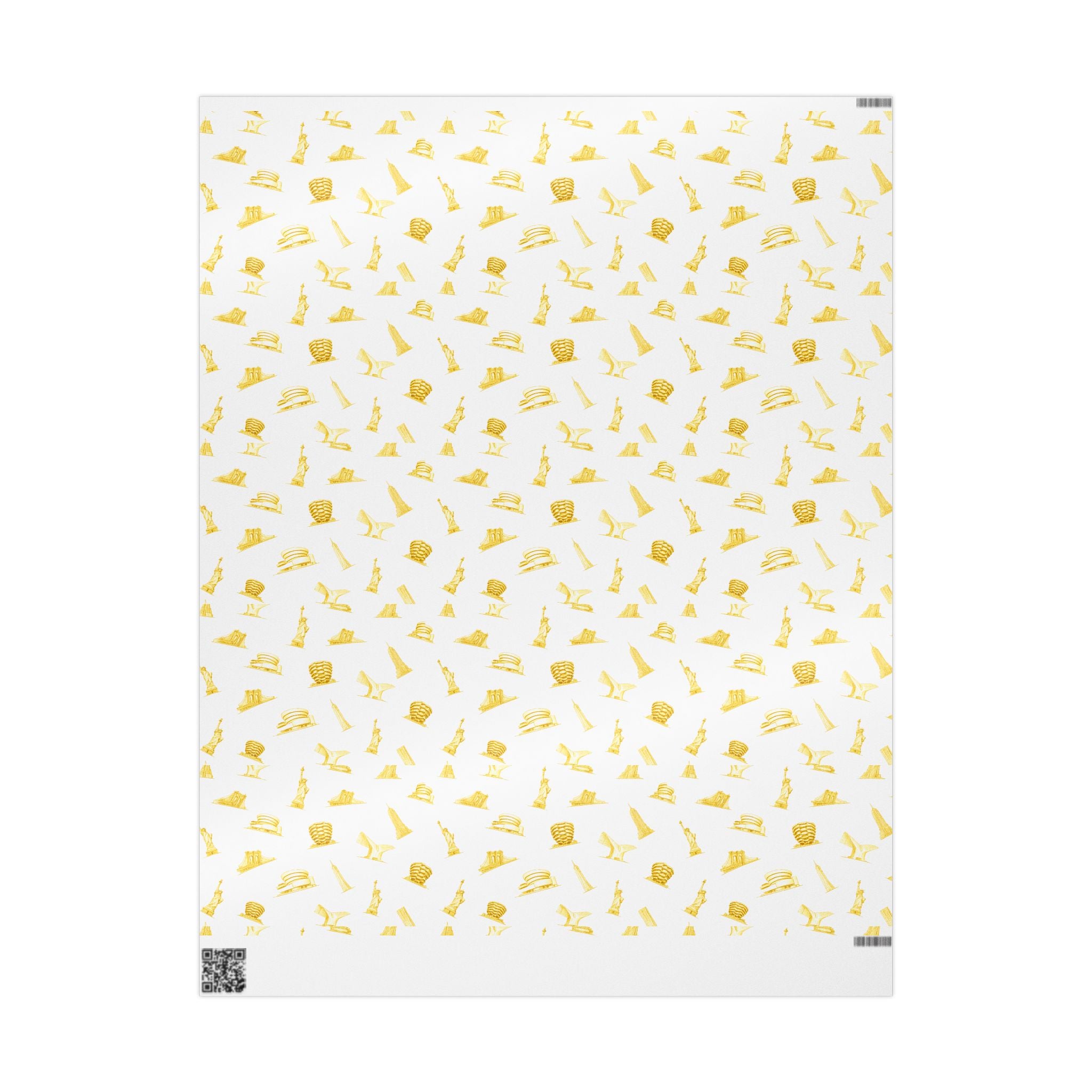 Gold NYC Landmarks on White Gift Wrap Paper | New York Statue of Liberty Oculus Vessel Brooklyn Bridge Guggenheim Wrapping Paper Roll