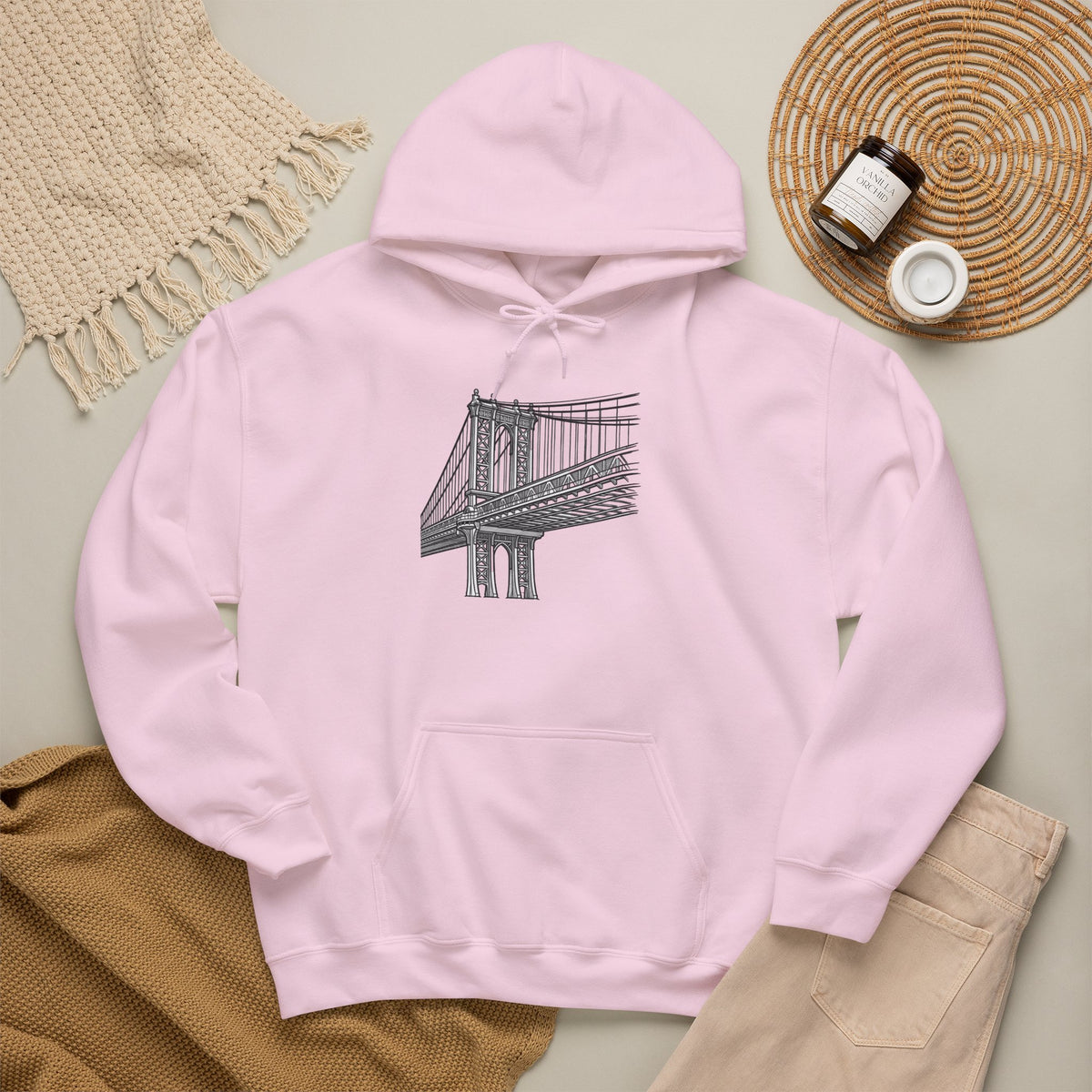 Manhattan Bridge Sketch Hoodie — New York City Bridge Pullover Hooded Sweatshirt