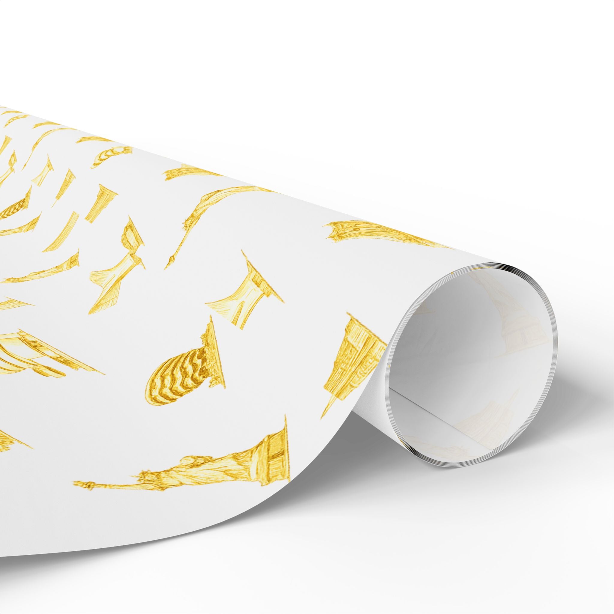 Gold NYC Landmarks on White Gift Wrap Paper | New York Statue of Liberty Oculus Vessel Brooklyn Bridge Guggenheim Wrapping Paper Roll