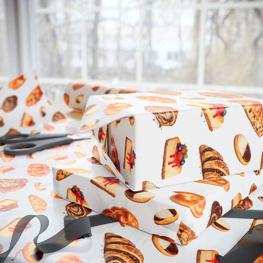 Kosher Bakery Pastries Pattern White Gift Wrap Paper | Bagels Challah Cheesecake Roll Gift Wrapping Paper