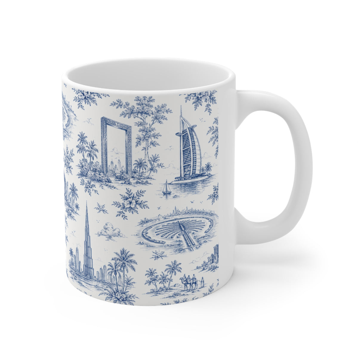 Dubai Blue Toile de Jouy Ceramic Mug -  Coffee Cup (11oz; Ships from Europe)