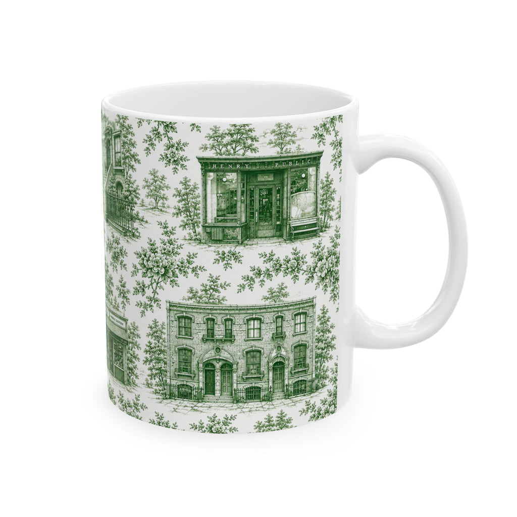 Cobble Hill Green Toile de Jouy Mug | NYC Chinoiserie Ceramic Coffee Cup