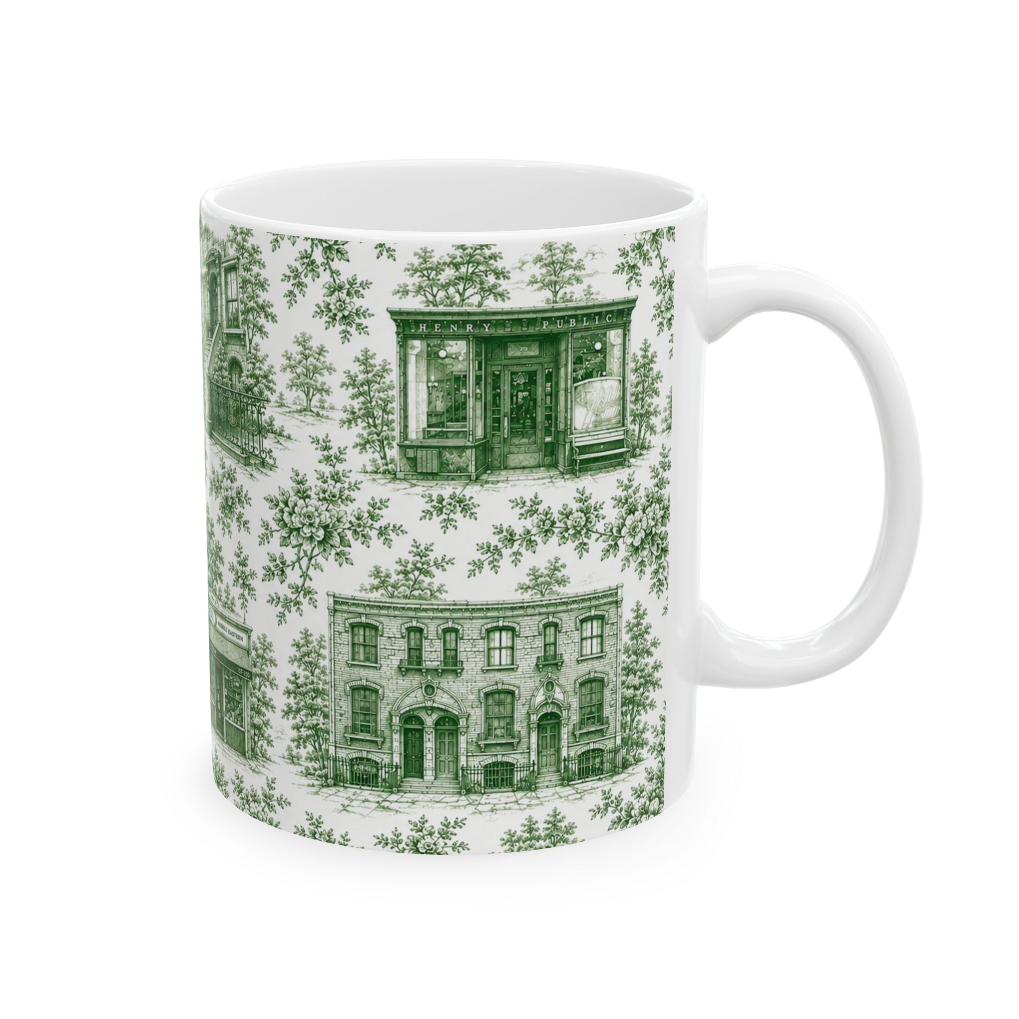 Cobble Hill Green Toile de Jouy Mug | NYC Chinoiserie Ceramic Coffee Cup