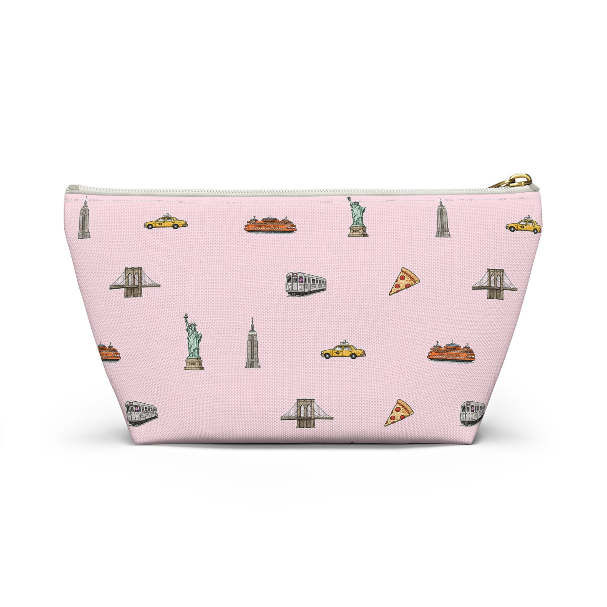 Icons of New York City Pink  Accessory Pouch — T-Bottom Makeup Bag with Statue of Liberty, Taxi & Pizza Pattern