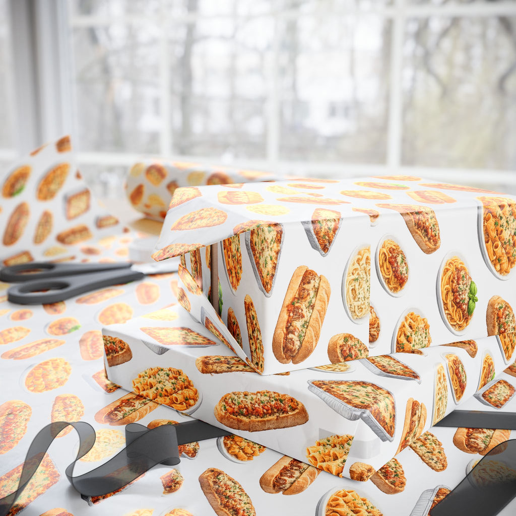 Italian Food Pattern White Gift Wrap Paper | Pasta Spaghetti Rigatoni Meatball Sub Wrapping Paper Roll, Foodie Party Wrap
