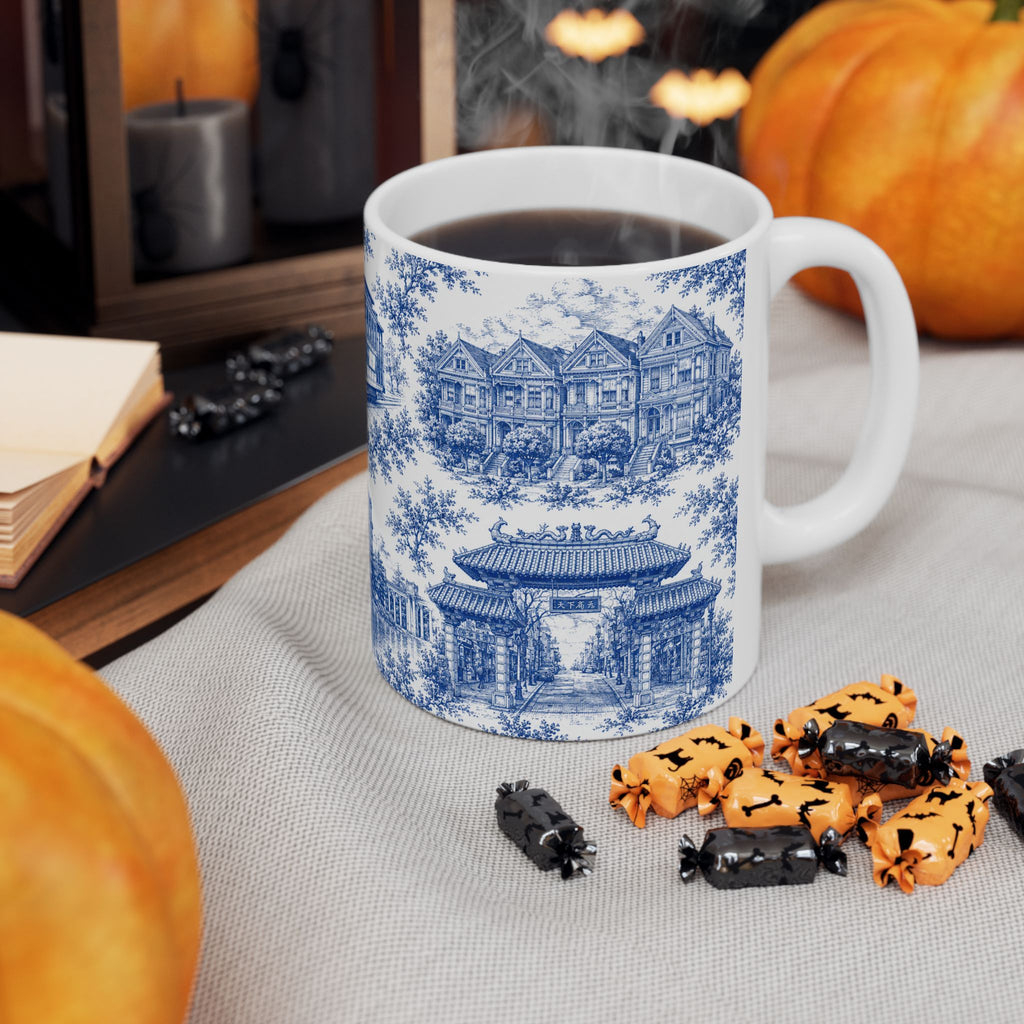 San Francisco Blue Toile de Jouy Ceramic Mug — Vintage Cable Car & Palace of Fine Arts Design (11oz)