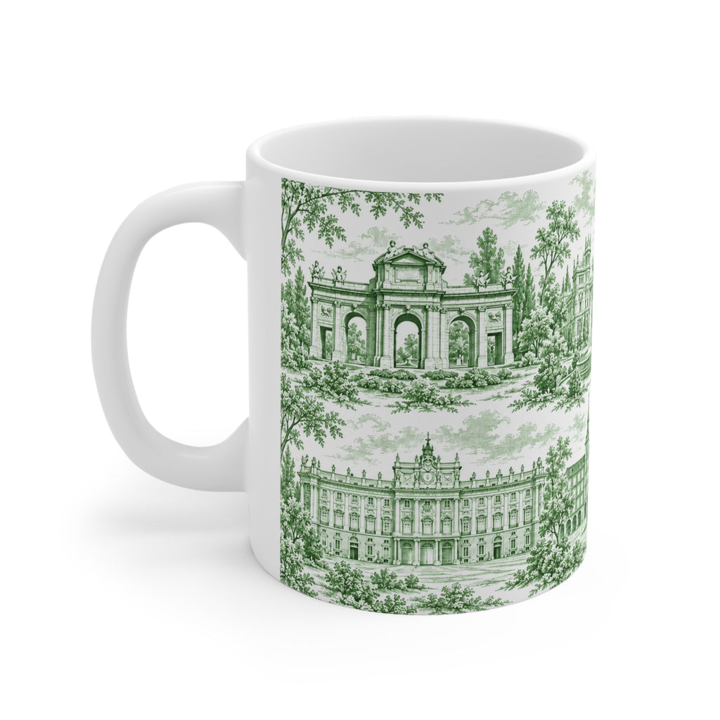 Madrid Green Toile de Jouy Ceramic Mug — (11oz; Ships from Europe)