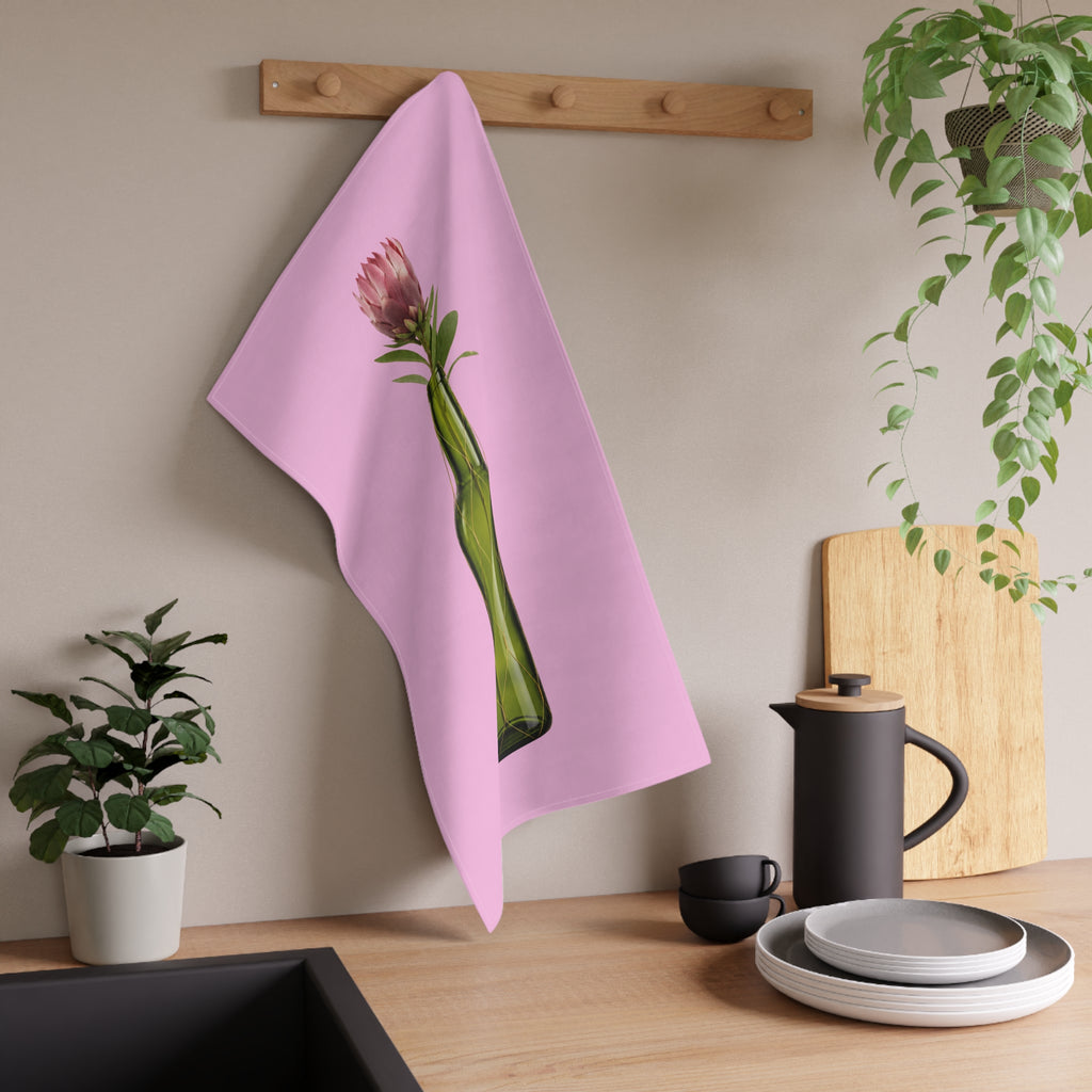 Pink Wine Bottle Tea Towel — Green Bottle with Protea on Pink Floral Kitchen Towel Hostess Gift