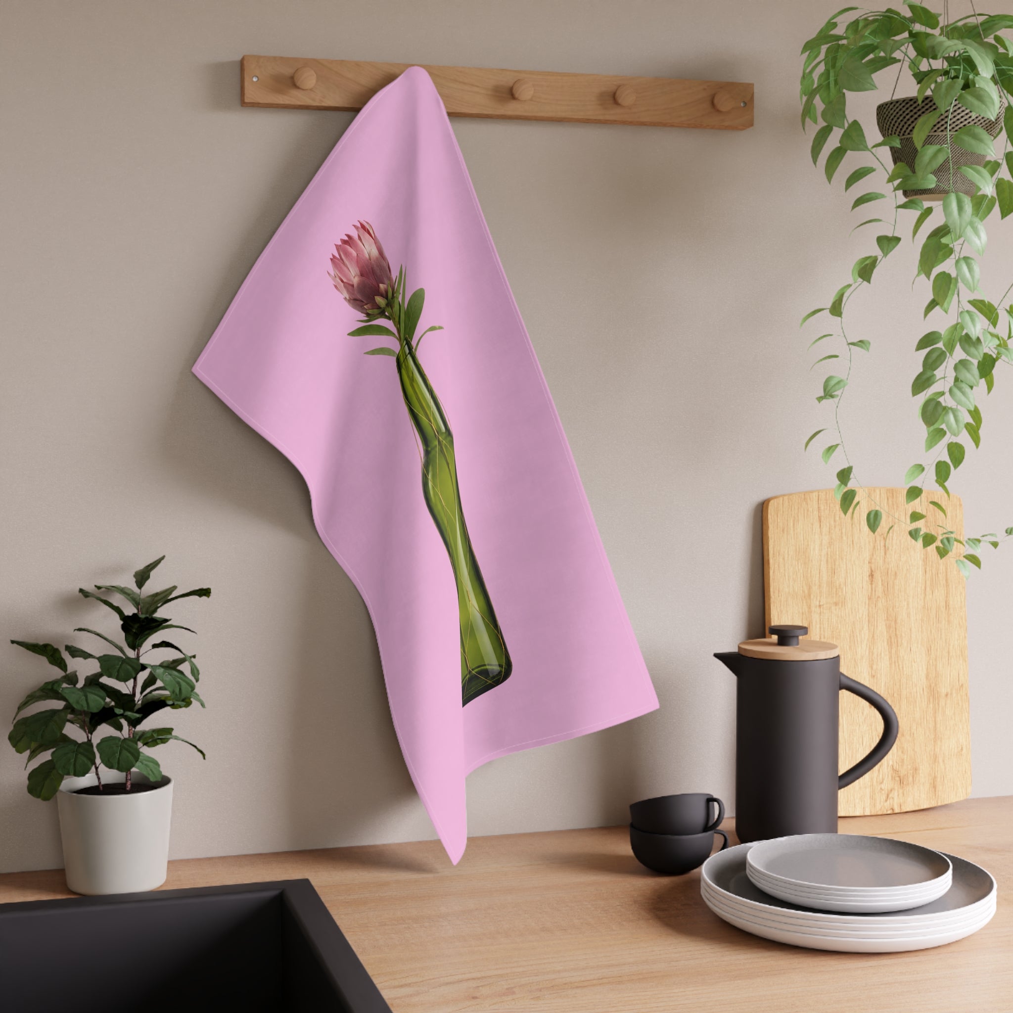 Pink Wine Bottle Tea Towel — Green Bottle with Protea on Pink Floral Kitchen Towel Hostess Gift