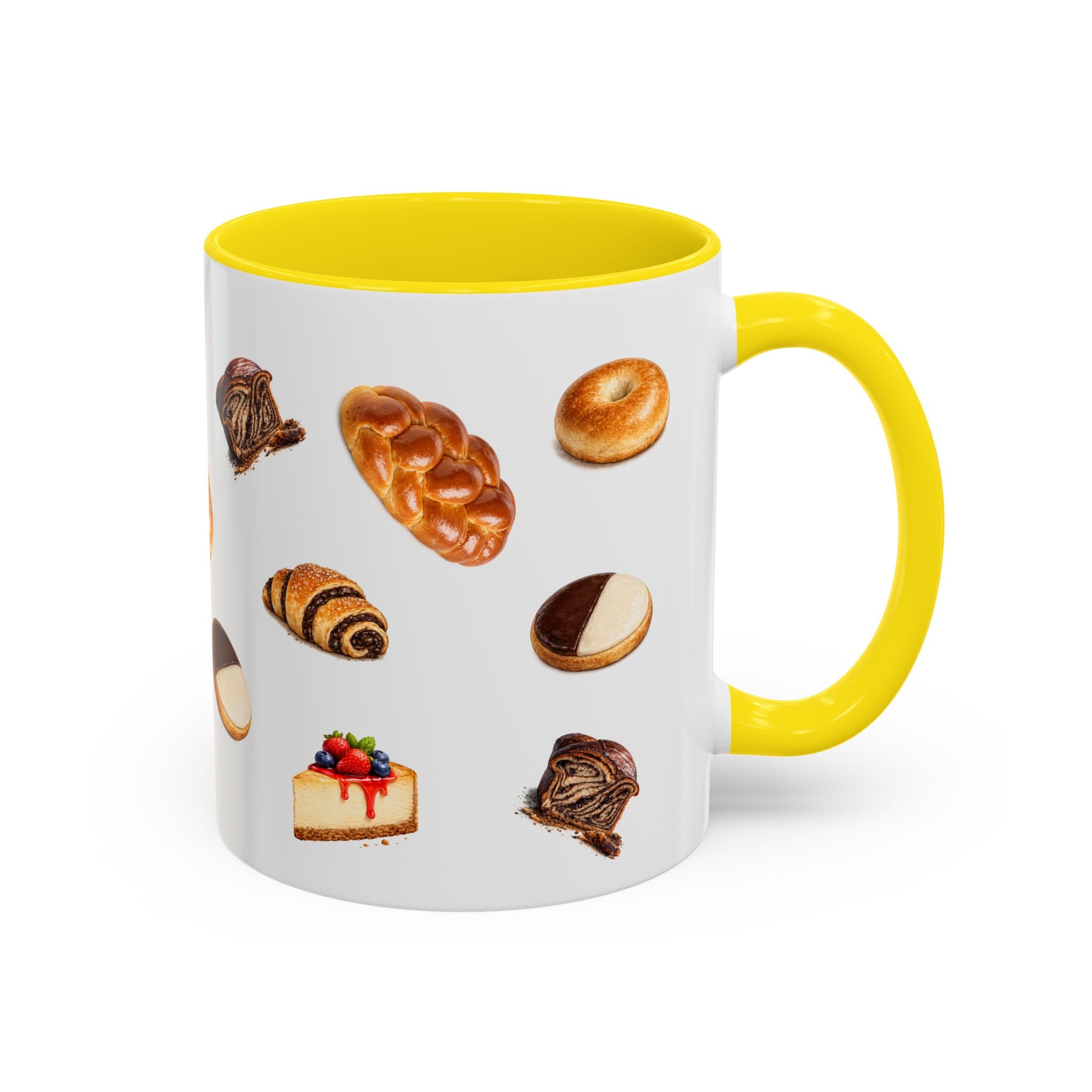 NYC Kosher Bakery Pattern Mug | Babka Cheesecake Rugelach Black + White Cookie Challah Bagel 11oz Ceramic Coffee Cup