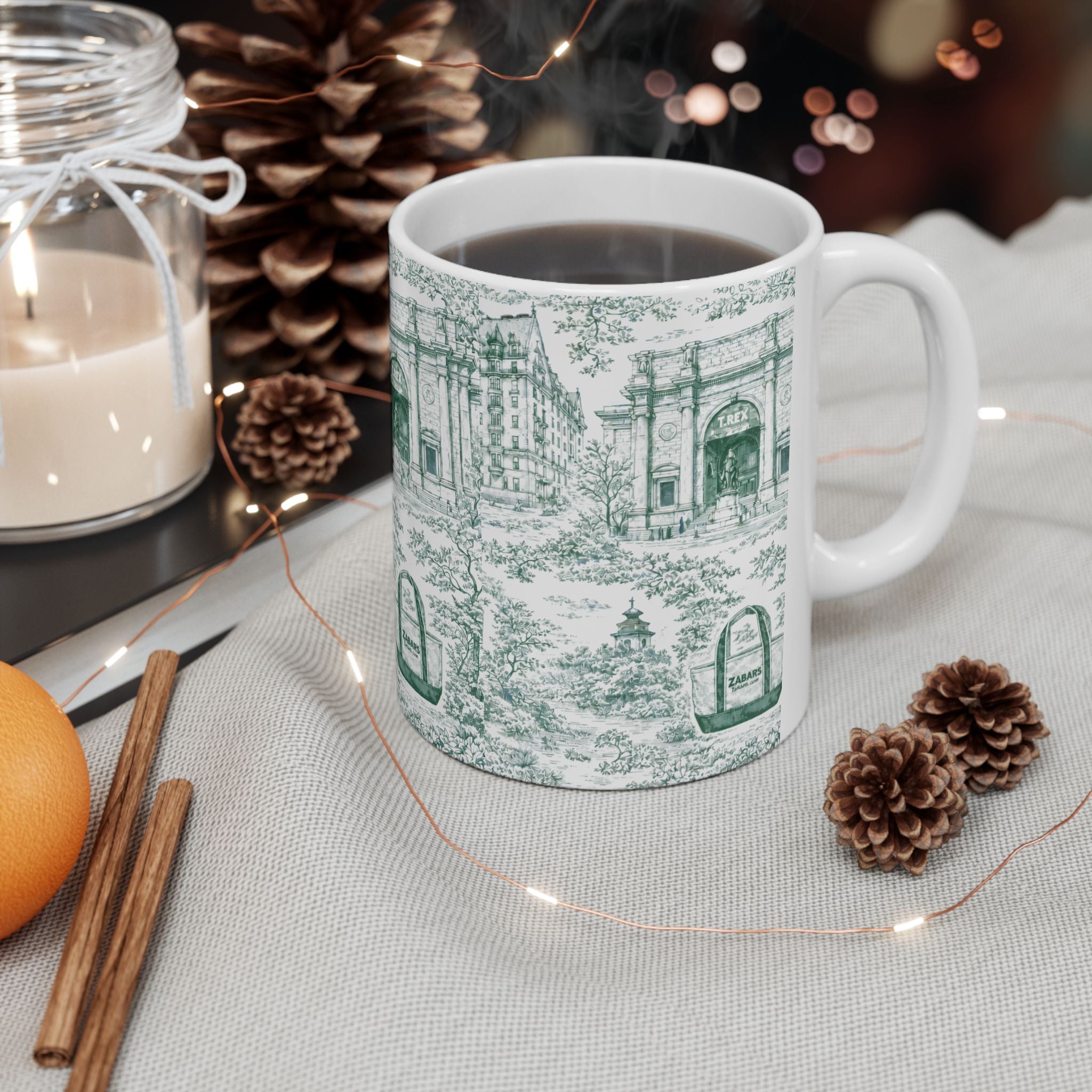 Upper West Side Green and White Toile Mug | New York Chinoiserie Ceramic Coffee Cup