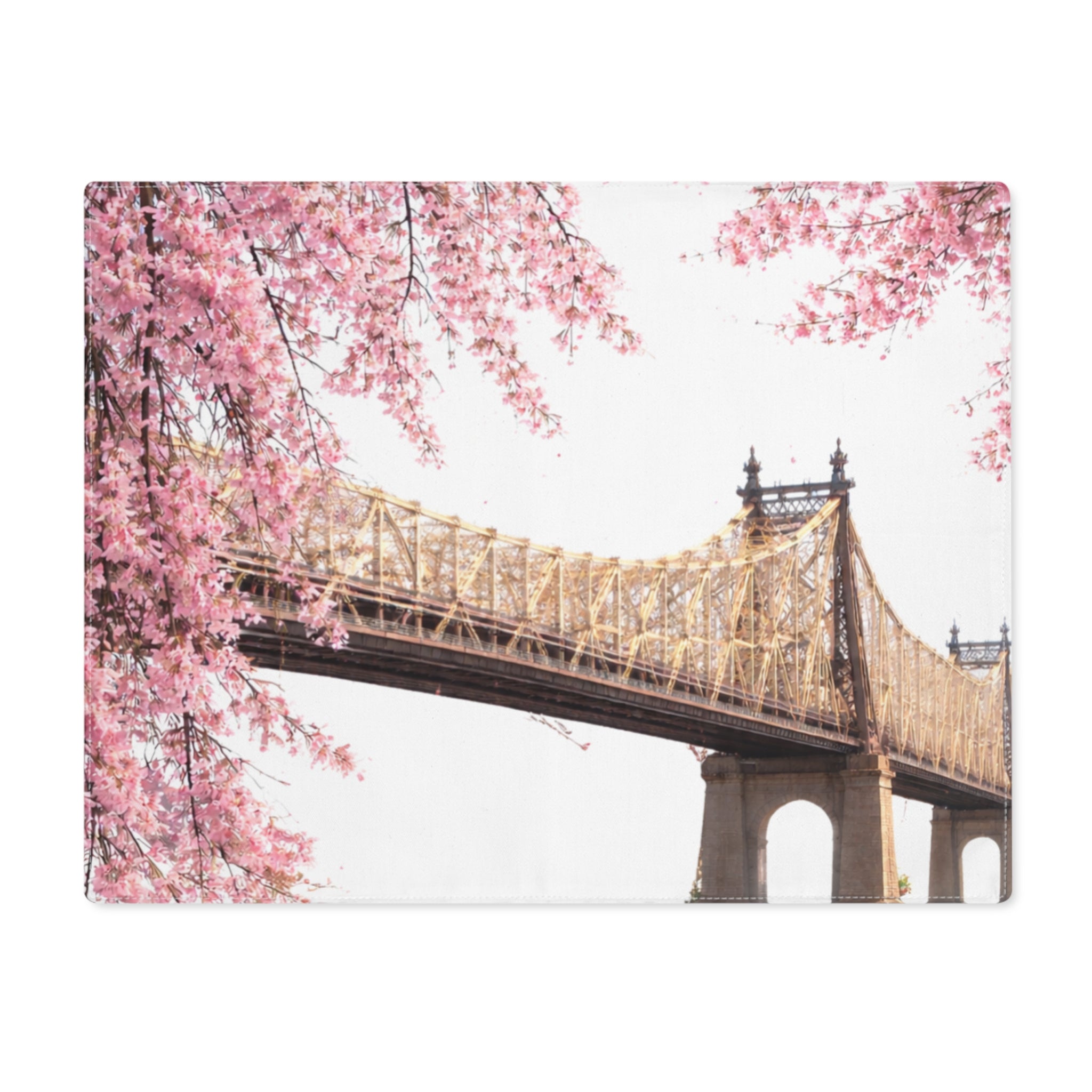 Cherry Blossoms Framing Queensboro Bridge Tabletop Placemat — NYC Roosevelt Island Floral Sakura Table Mat