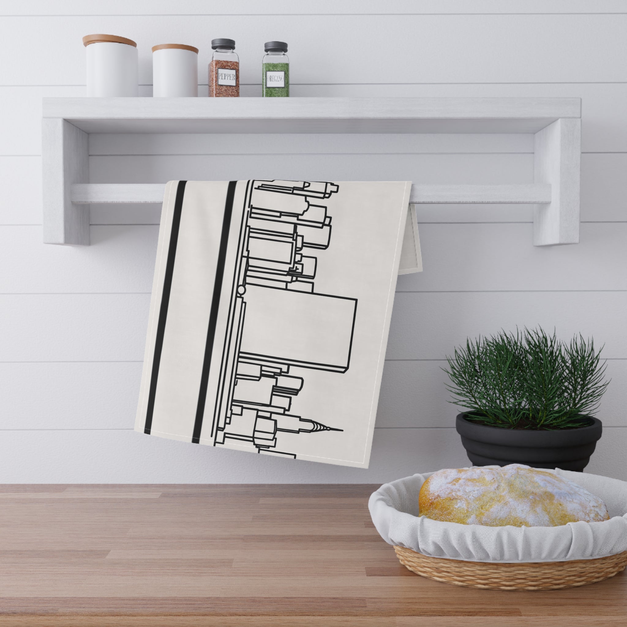 NYC Manhattan Skyline Tea Towel — Minimal Black & White New York City Skyline Kitchen Linen