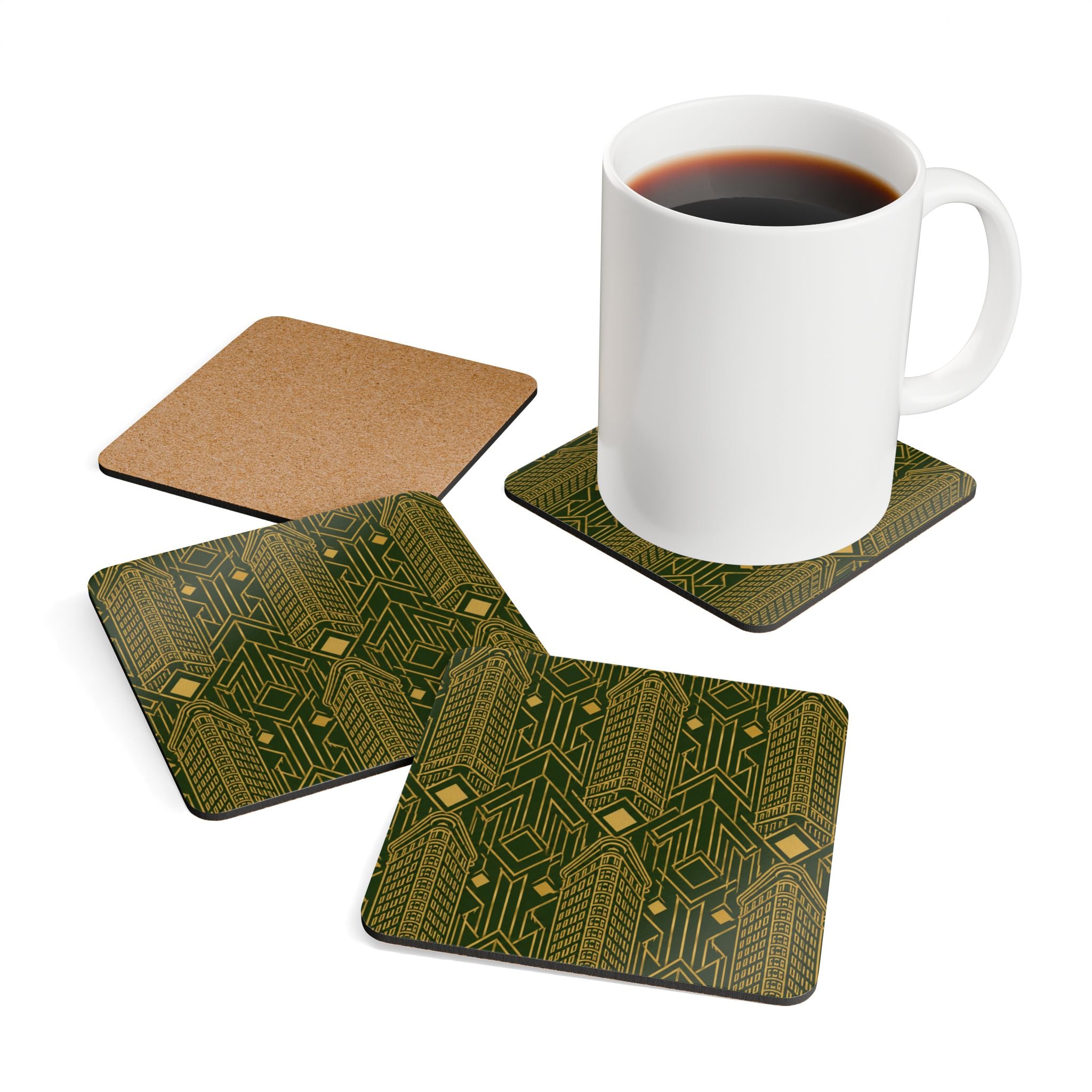Art Deco Flatiron Building Gold & Green Cork Coaster Set — Geometric Cocktail Coasters Set of 4