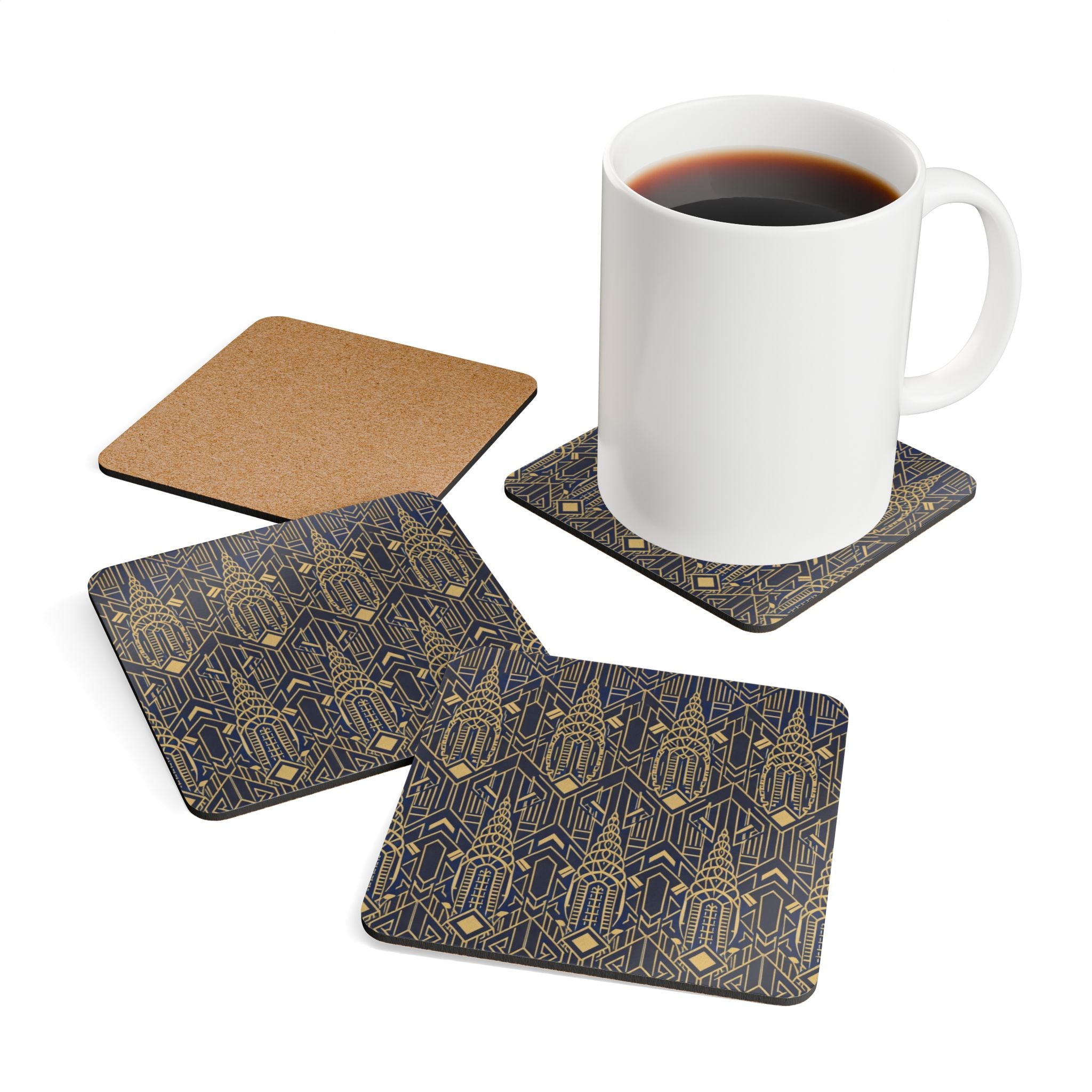Art Deco Chrysler Building Gold & Navy Cork Coaster Set — Geometric Vintage Cocktail Coasters (4-Pack)