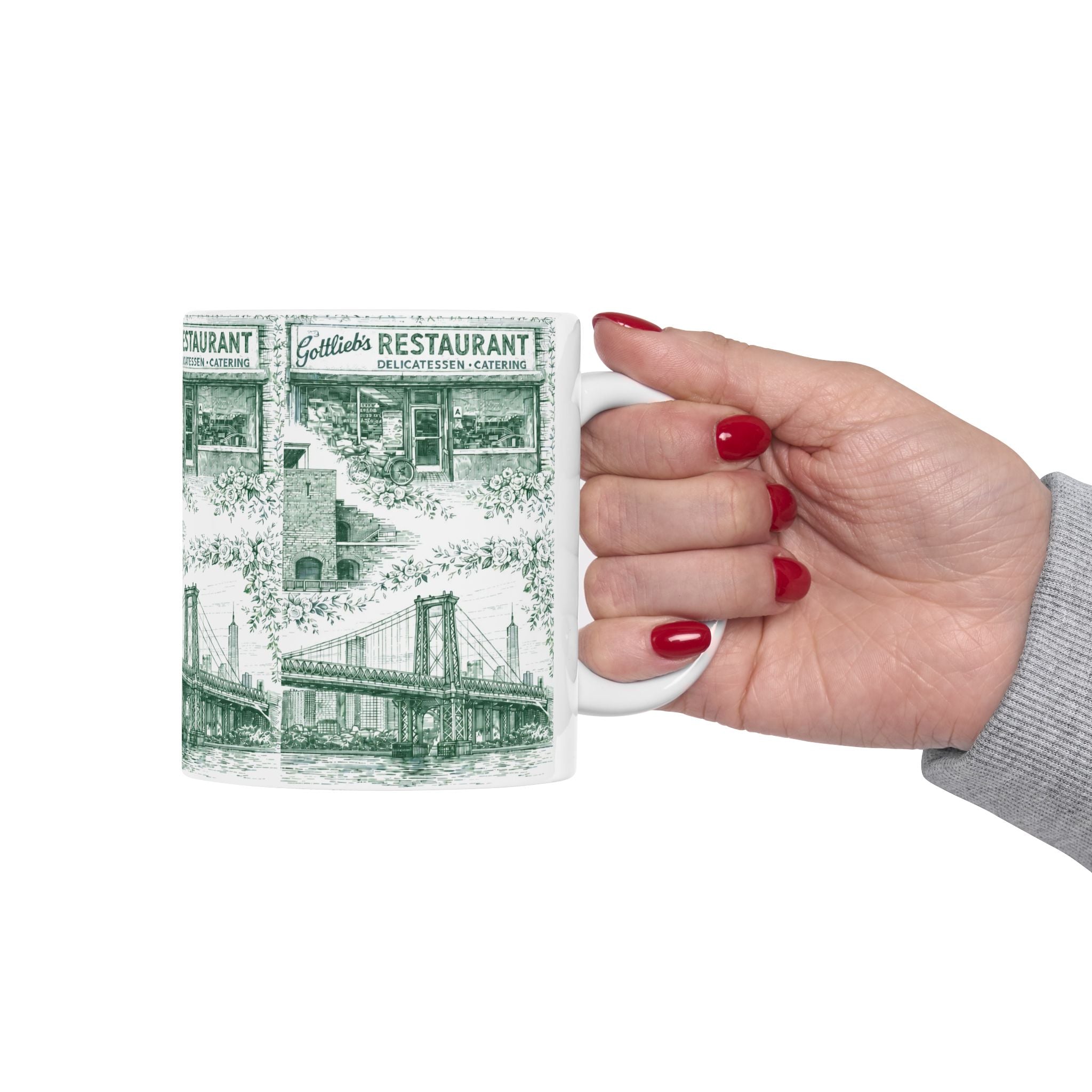Williamsburg Green and White Toile de Jouy Mug | Brooklyn Chinoiserie Ceramic Coffee Cup