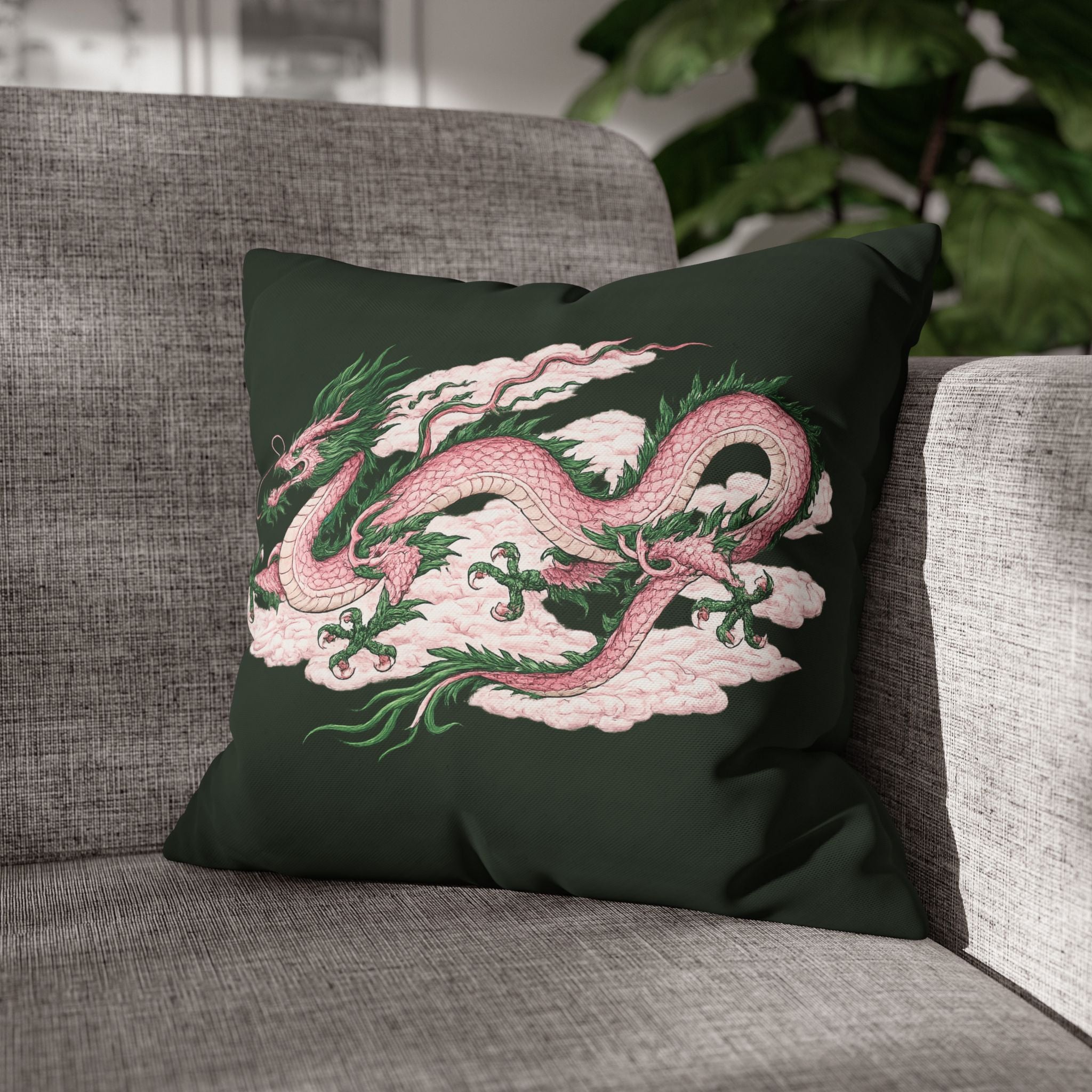 Chinatown Pink Dragon Square 16" x 16" Pillowcase – Dark Green Decorative Throw Pillow Cover (Pillow Not Included)