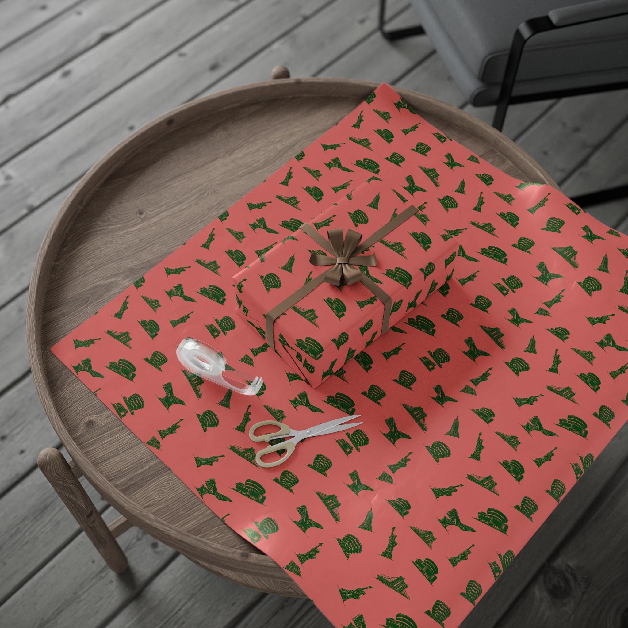 NYC Landmarks on Pink Gift Wrap Paper | New York Statue of Liberty Oculus Vessel Brooklyn Bridge Guggenheim Wrapping Paper Roll