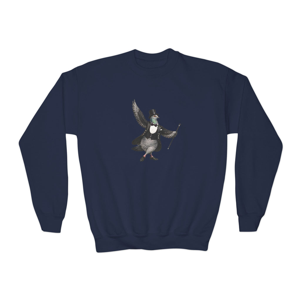 Sudadera de cuello redondo Broadway NYC Pigeon NYC Kids para niños. Suéter para niños amantes de las aves y el teatro de Nueva York.