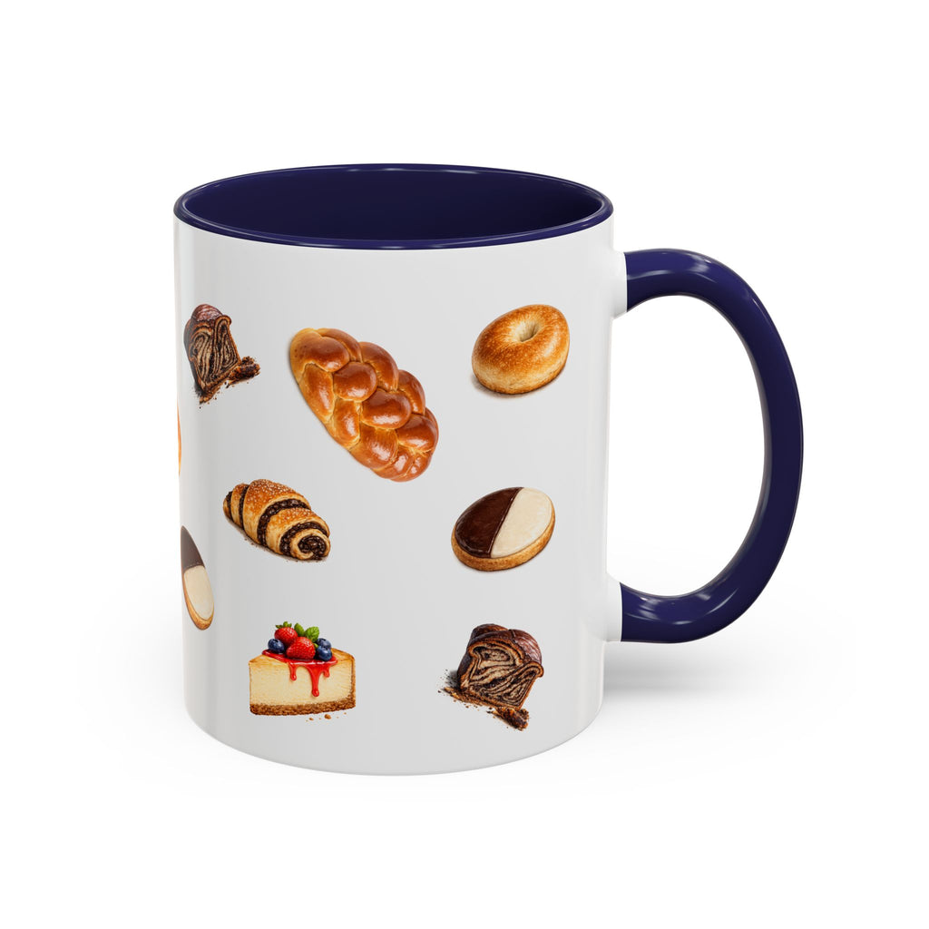 NYC Kosher Bakery Pattern Mug | Babka Cheesecake Rugelach Black + White Cookie Challah Bagel 11oz Ceramic Coffee Cup