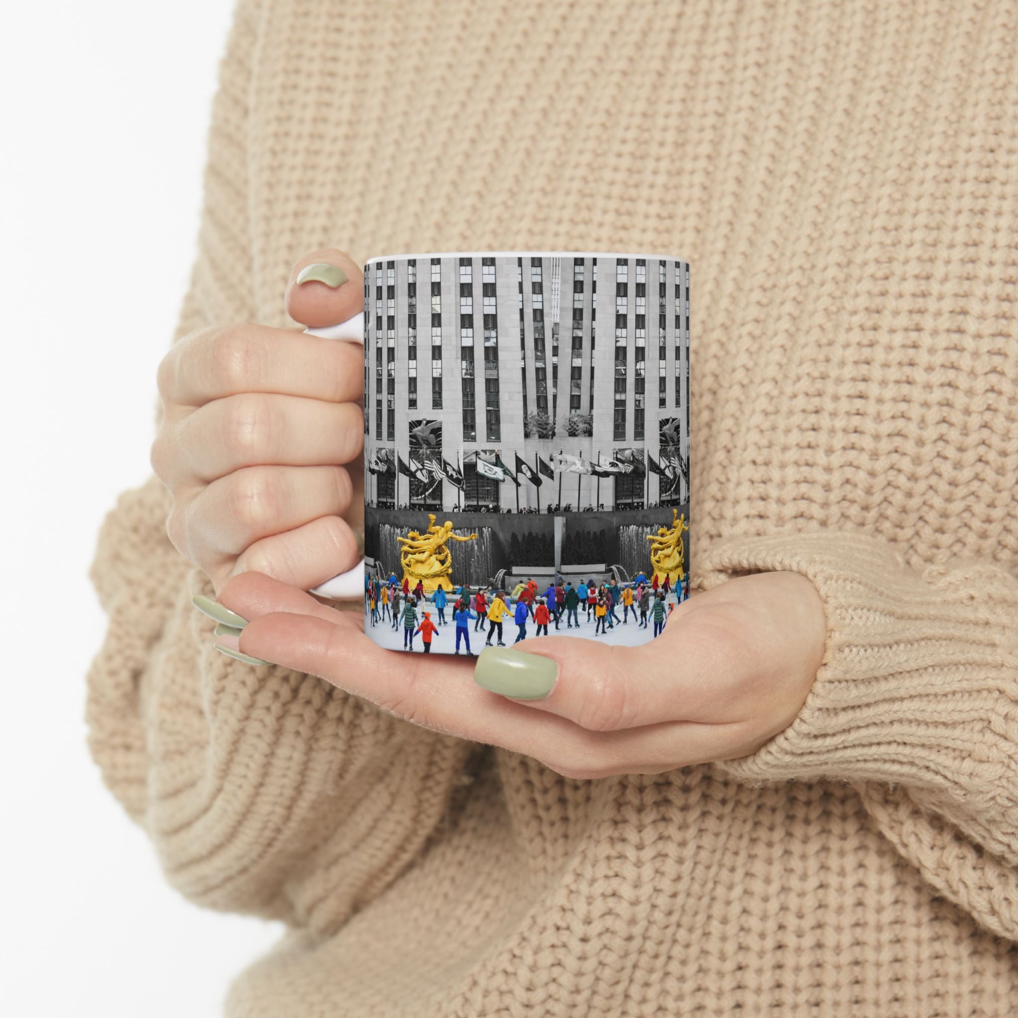 Rockefeller Center Ice Skating Scene Mug | NYC Gold Prometheus Ceramic Coffee Cup