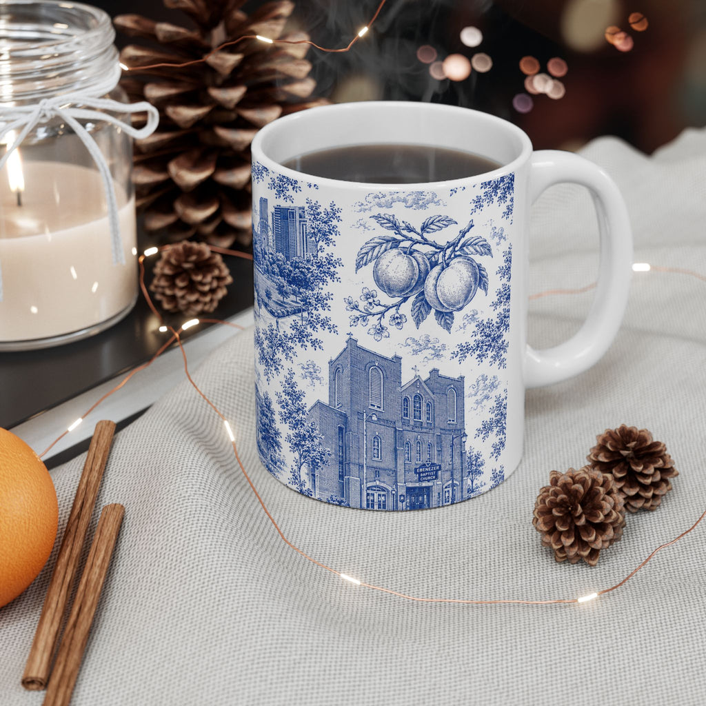 Atlanta Blue Toile de Jouy Ceramic Mug — Atlanta, Georgia Skyline & Capitol Illustration (11oz)