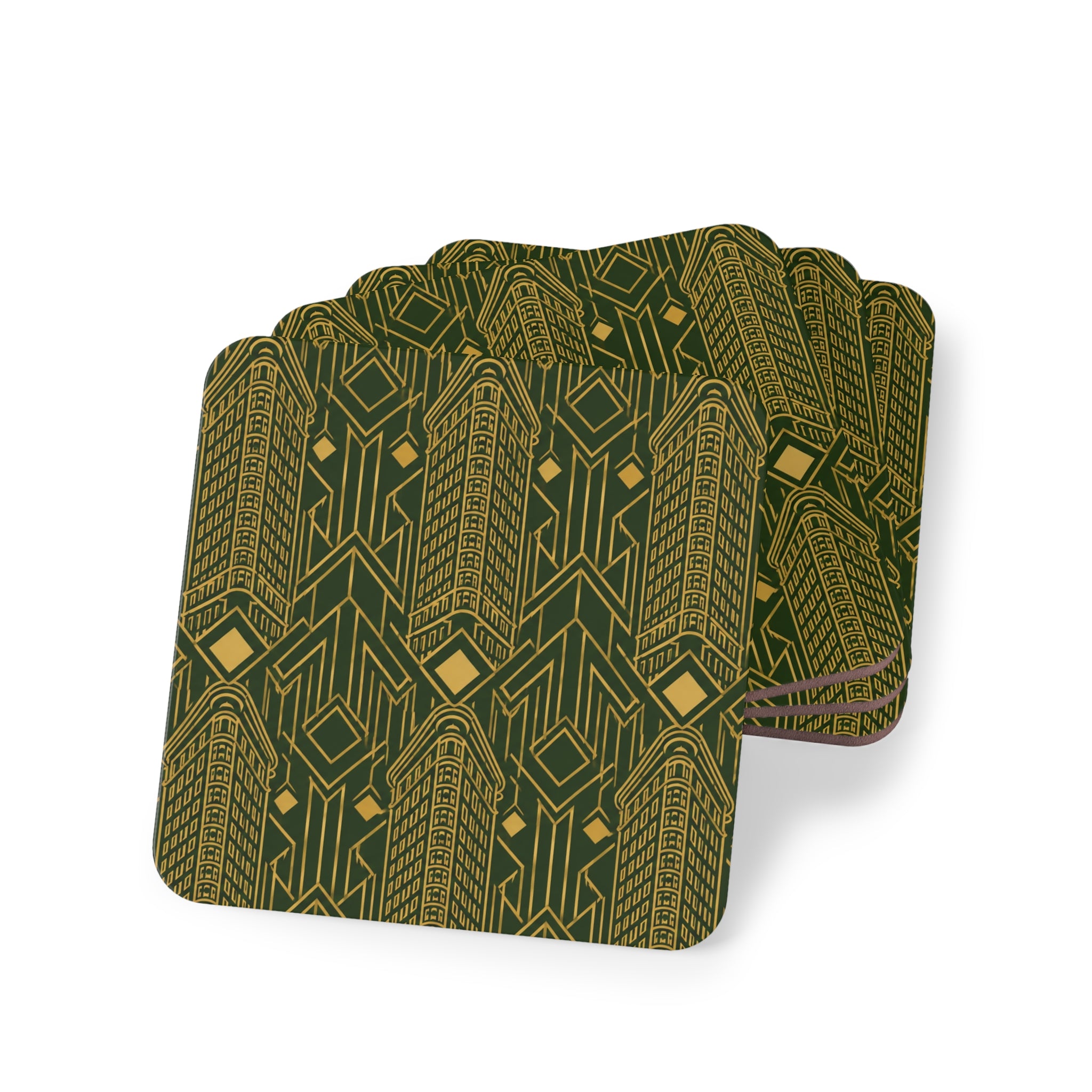 Art Deco Flatiron Building Gold & Green Cork Coaster Set — Geometric Cocktail Coasters Set of 4
