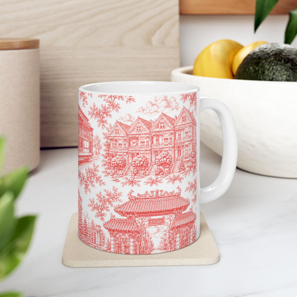 San Francisco RedToile de Jouy Ceramic Mug — Vintage Cable Car & Palace of Fine Arts Design (11oz)