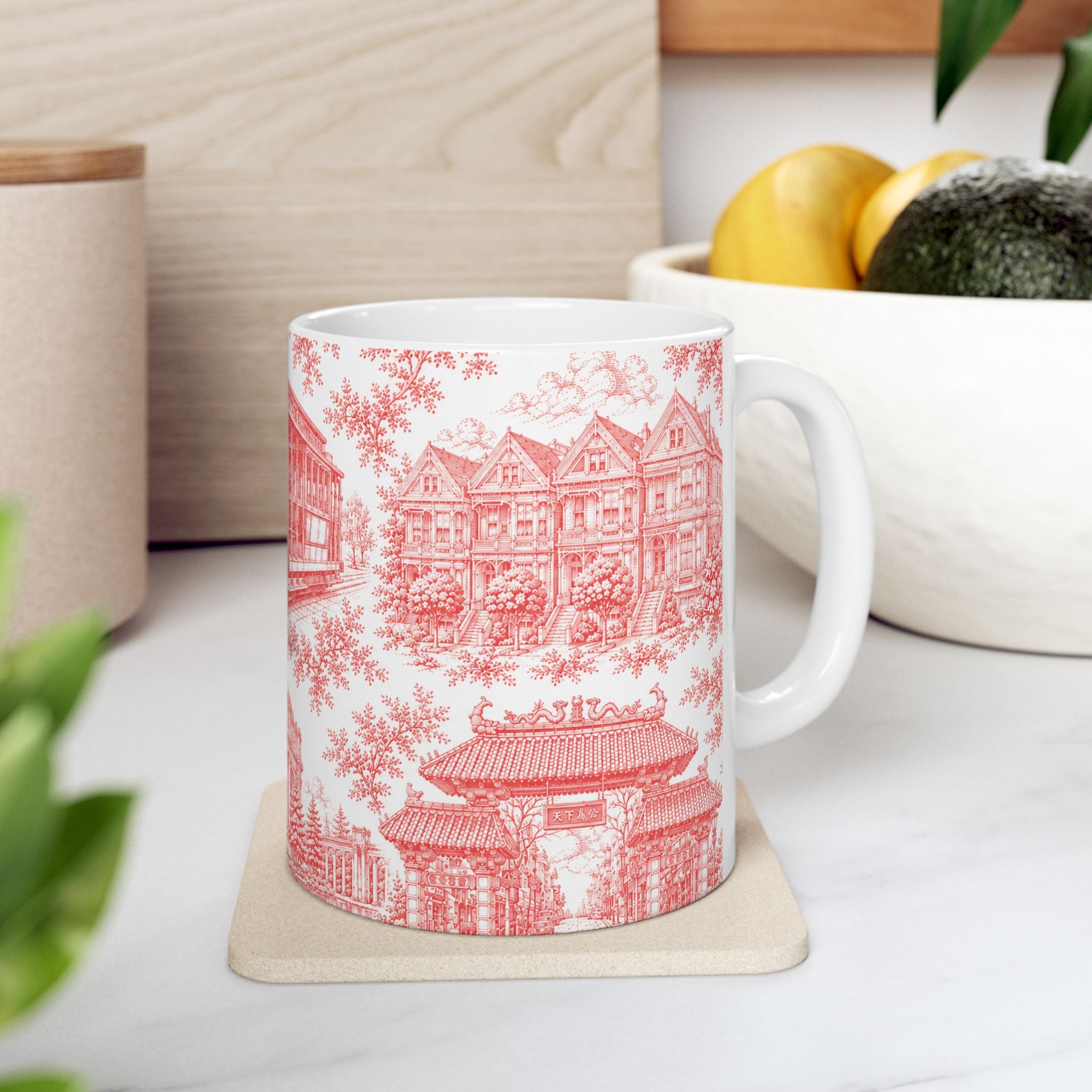 San Francisco RedToile de Jouy Ceramic Mug — Vintage Cable Car & Palace of Fine Arts Design (11oz)