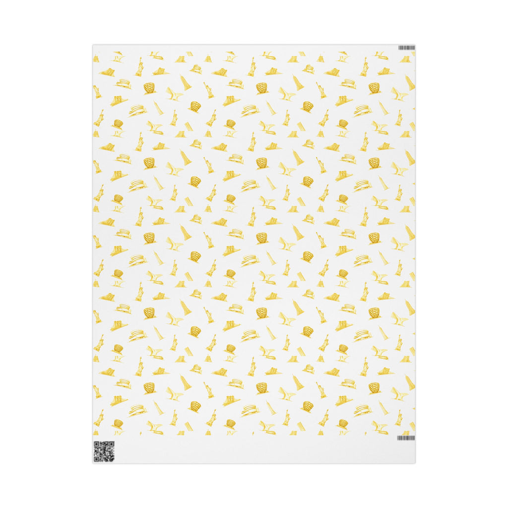 Gold NYC Landmarks on White Gift Wrap Paper | New York Statue of Liberty Oculus Vessel Brooklyn Bridge Guggenheim Wrapping Paper Roll