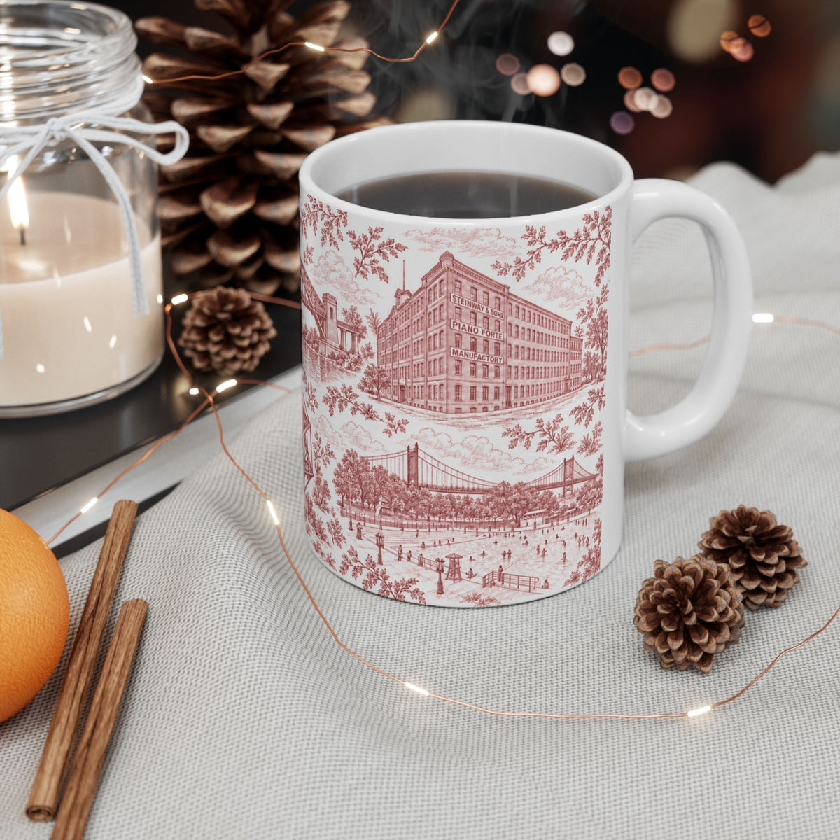 Astoria Red Toile Cityscape Ceramic Mug — 11oz Decorative Coffee Cup