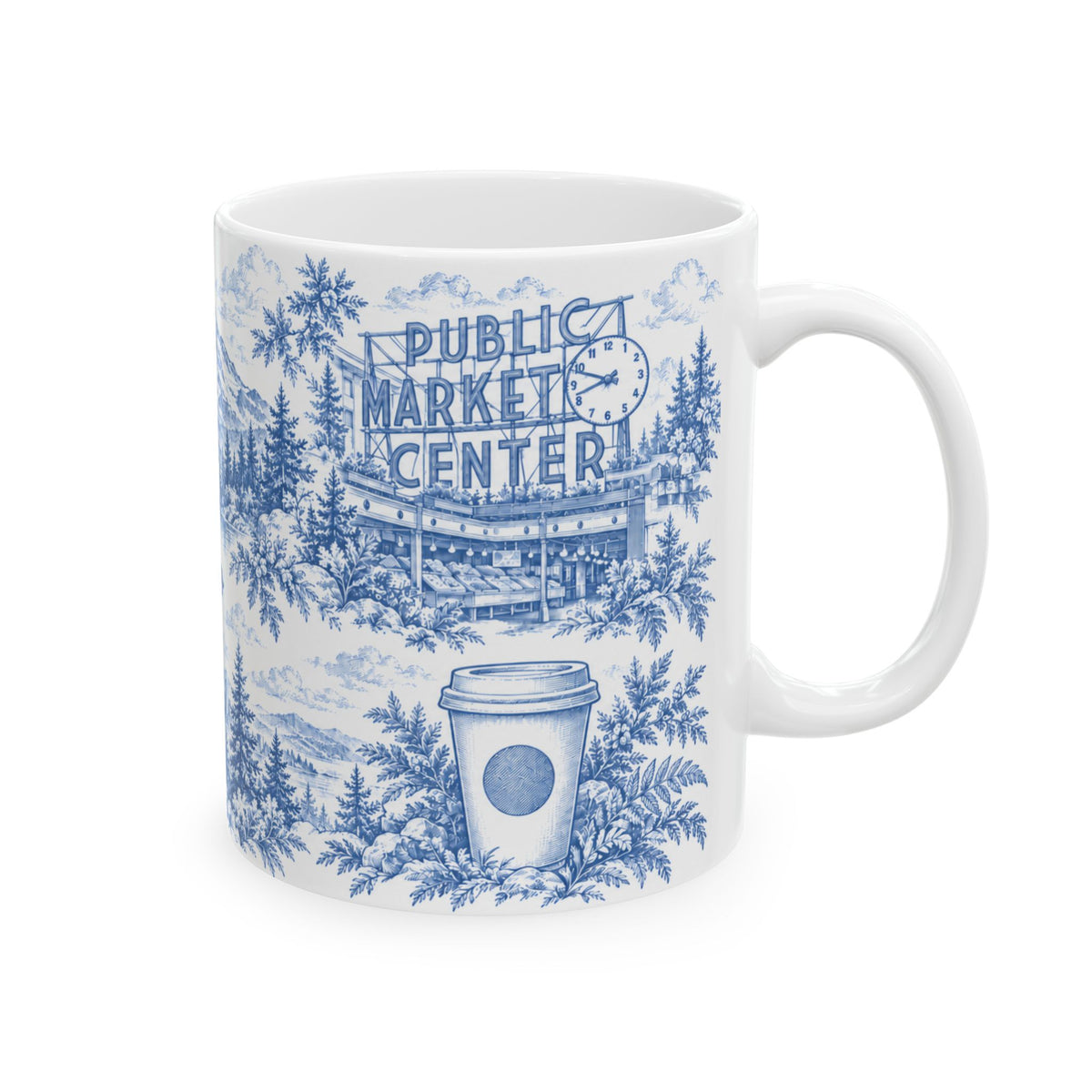 Seattle Blue Toile de Jouy Ceramic Mug — Seattle, Washington and Surroundings Scenic Coffee Cup (11oz)