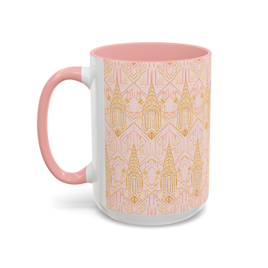 Art Deco Chrysler Building Pink & Gold Accent Coffee Mug — Manhattan Art Deco Pattern Mug 11 oz