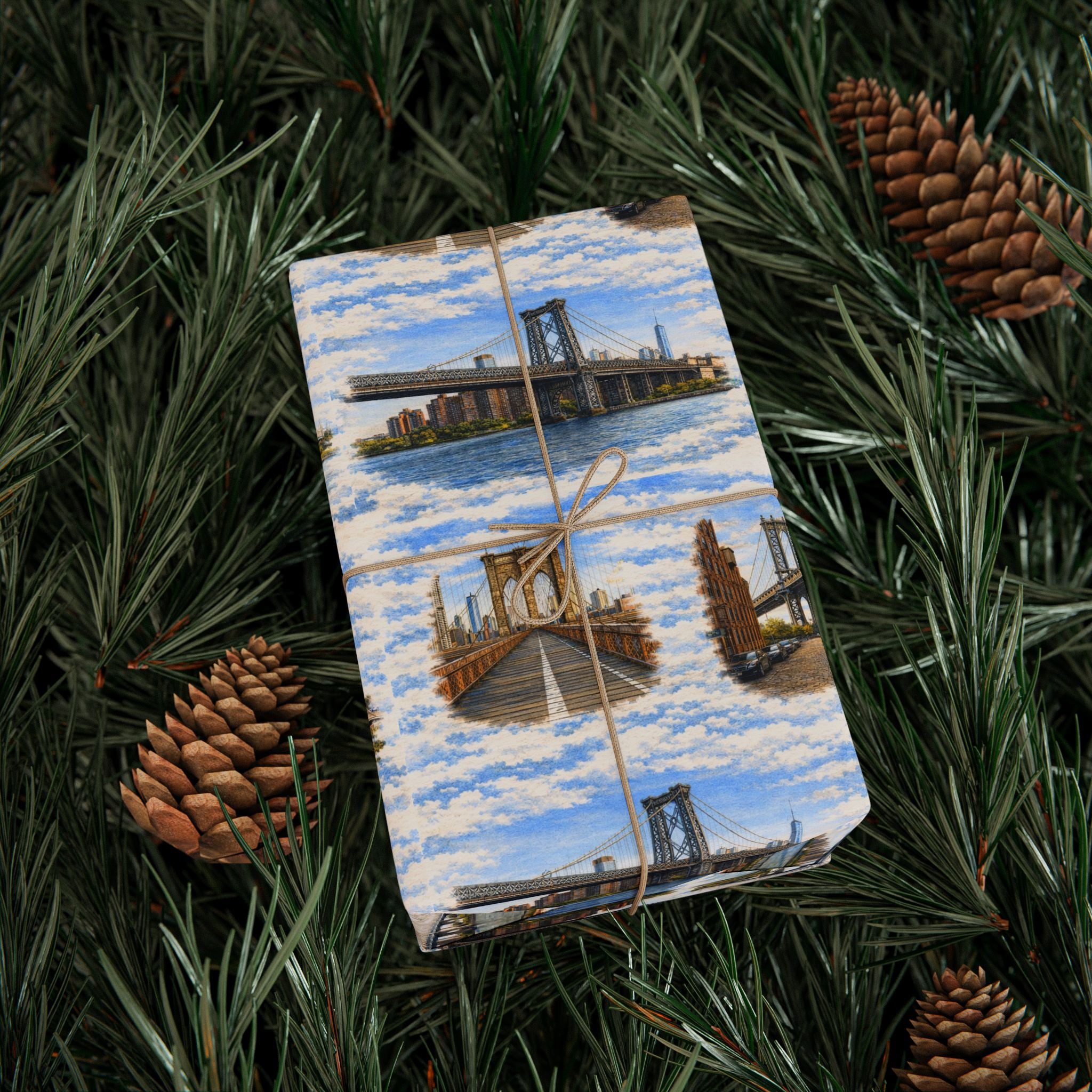 The Bridges of New York County Sky Toile NYC Gift Wrapping Paper | New York City Brooklyn Bridge DUMBO Manhattan Toile Pattern Roll