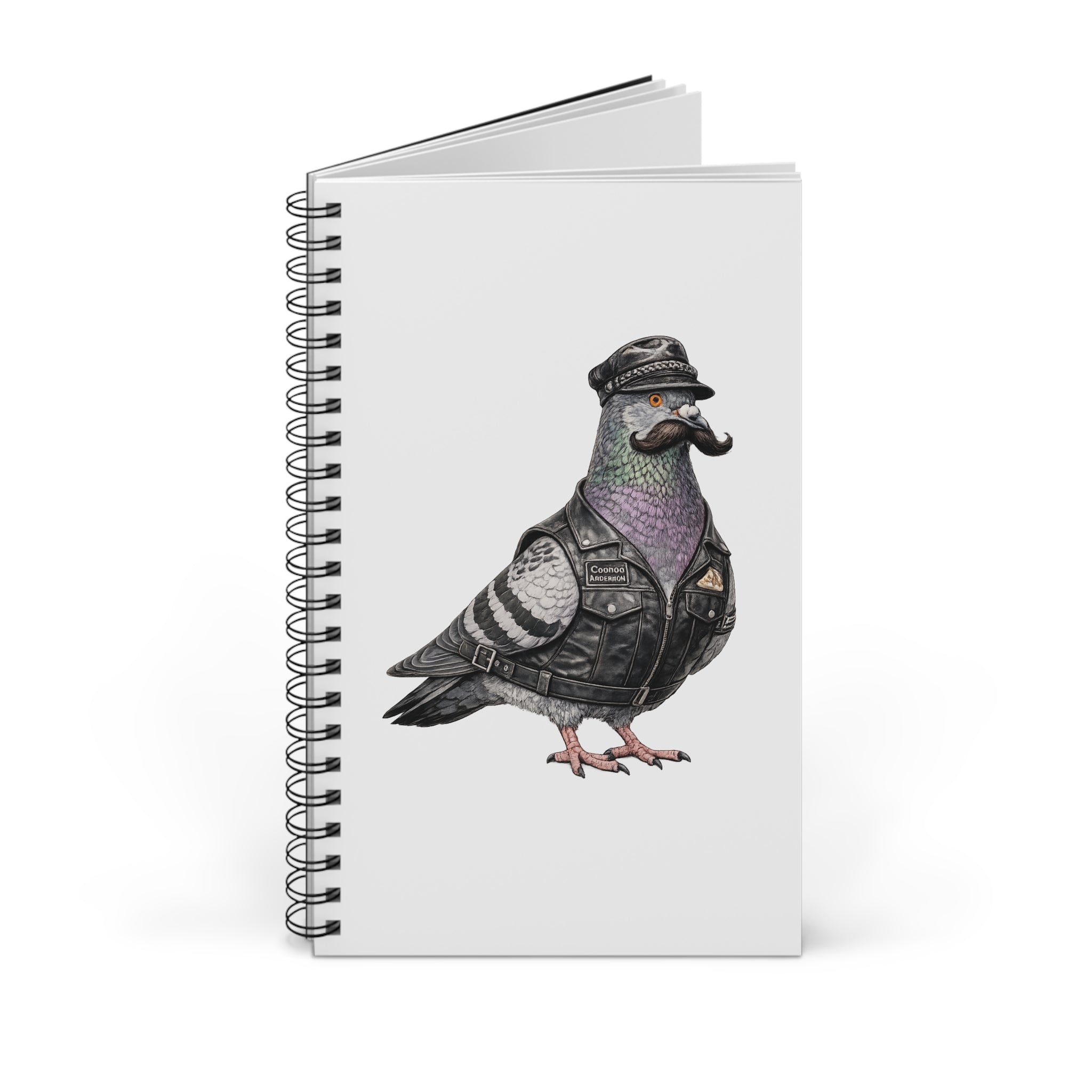 Customizable Chelsea NYC Pigeon Spiral Journal | LGBTQ Black Leather Biker Bird Lovers Notebook