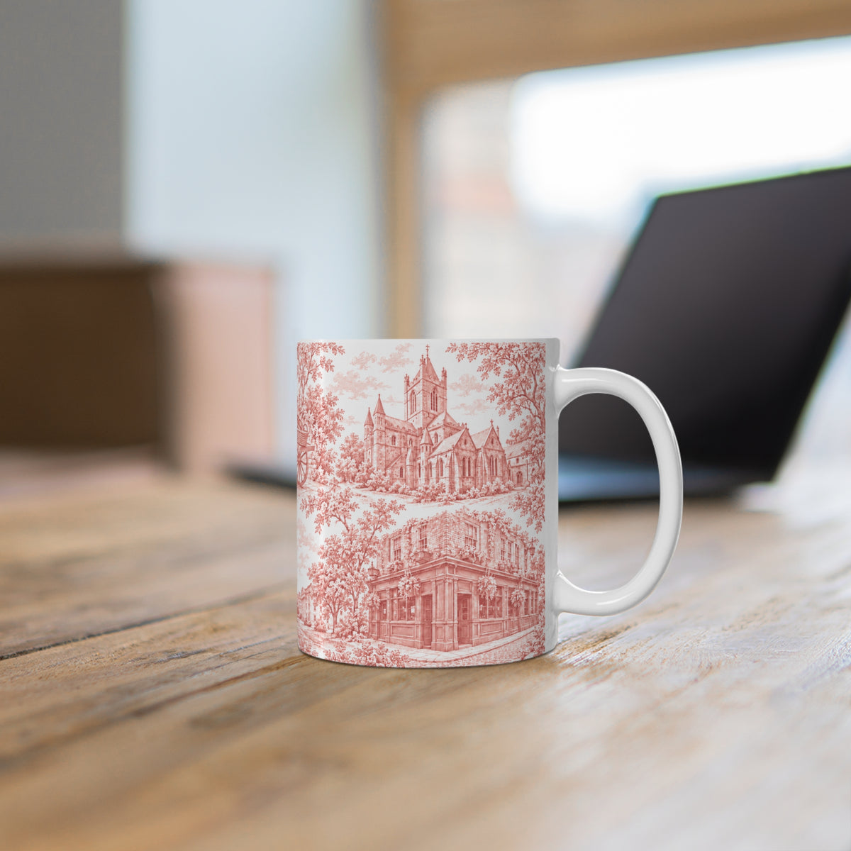 Dublin Red Toile de Jouy Ceramic Mug — Coffee Cup (11oz; Ships from Europe)